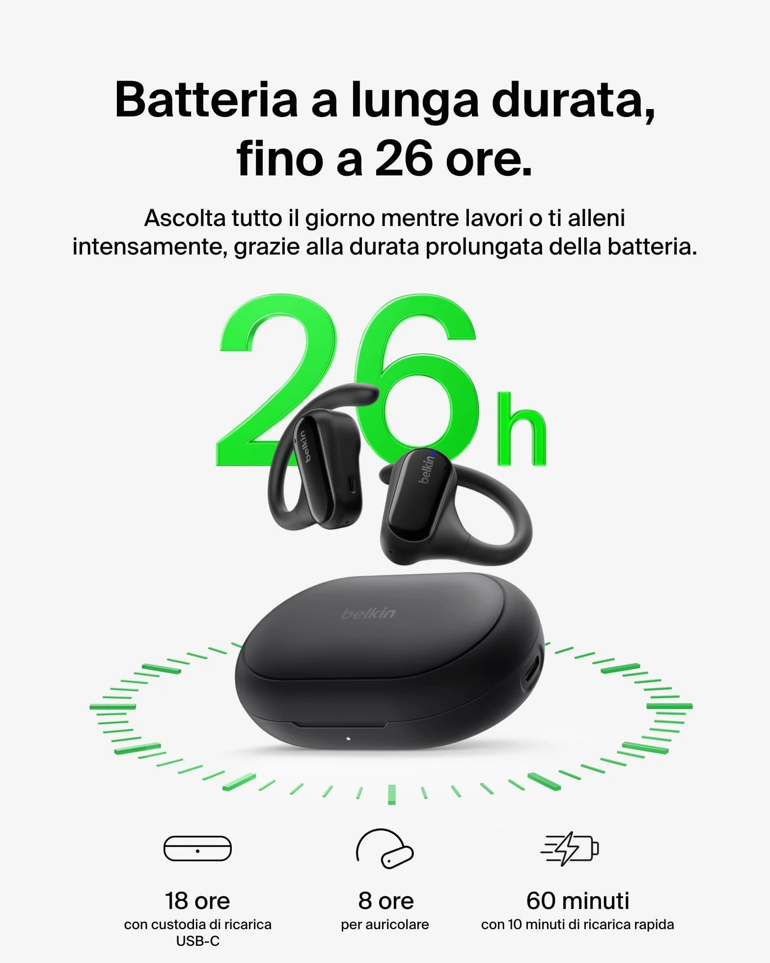 Belkin SoundForm ClearFit Auricolari Wireless Open-Ear Sportivi e Leggeri, Auricolari Bluetooth Resistenti all'Acqua (IPX5), Cuffie Wireless per Escursionismo, Ciclismo, Corsa e Altro, Nero