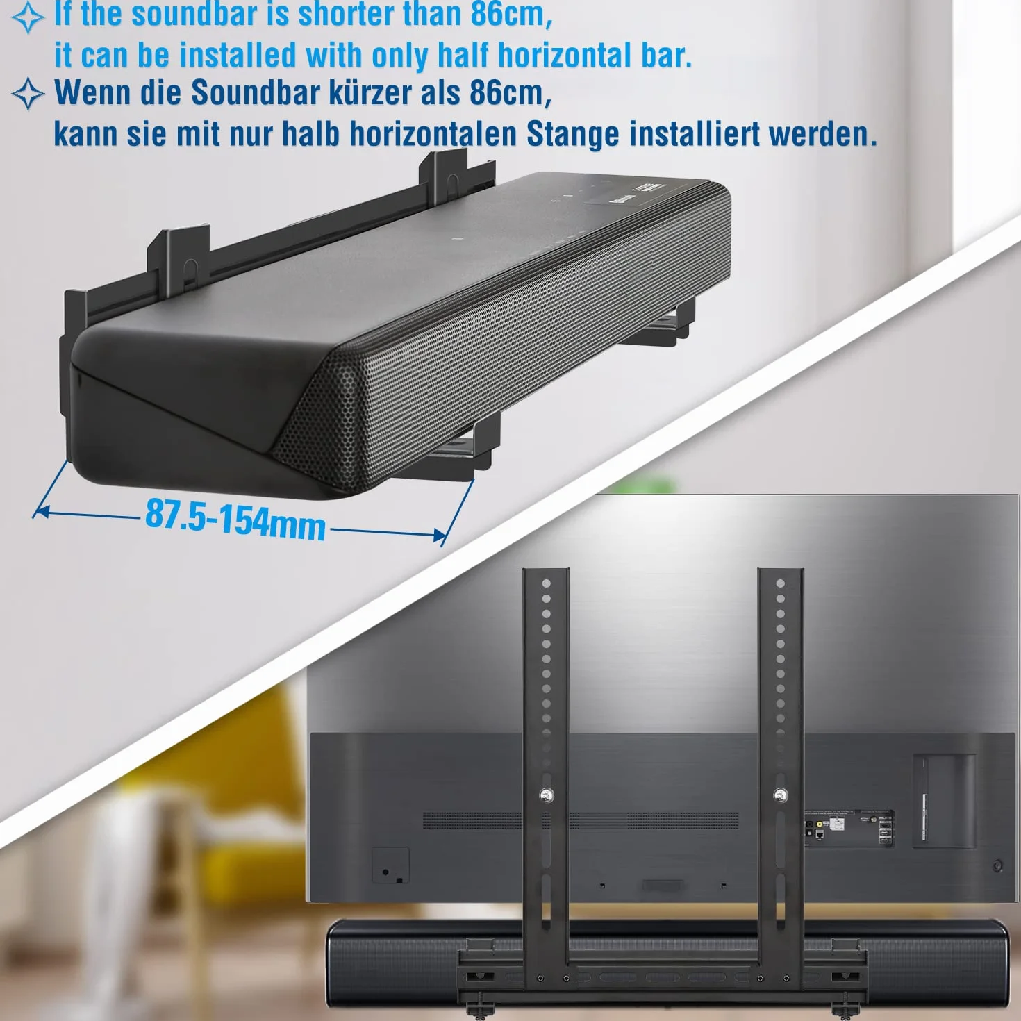 Mounting Dream Universale Staffa Soundbar Supporto per Soundbar con/senza fori, Supporto per TV soundbar con Staffe di Base Esteso Anti-Scivolo (da 87.5 a 154mm), Installa su Supporto TV, Parete o TV