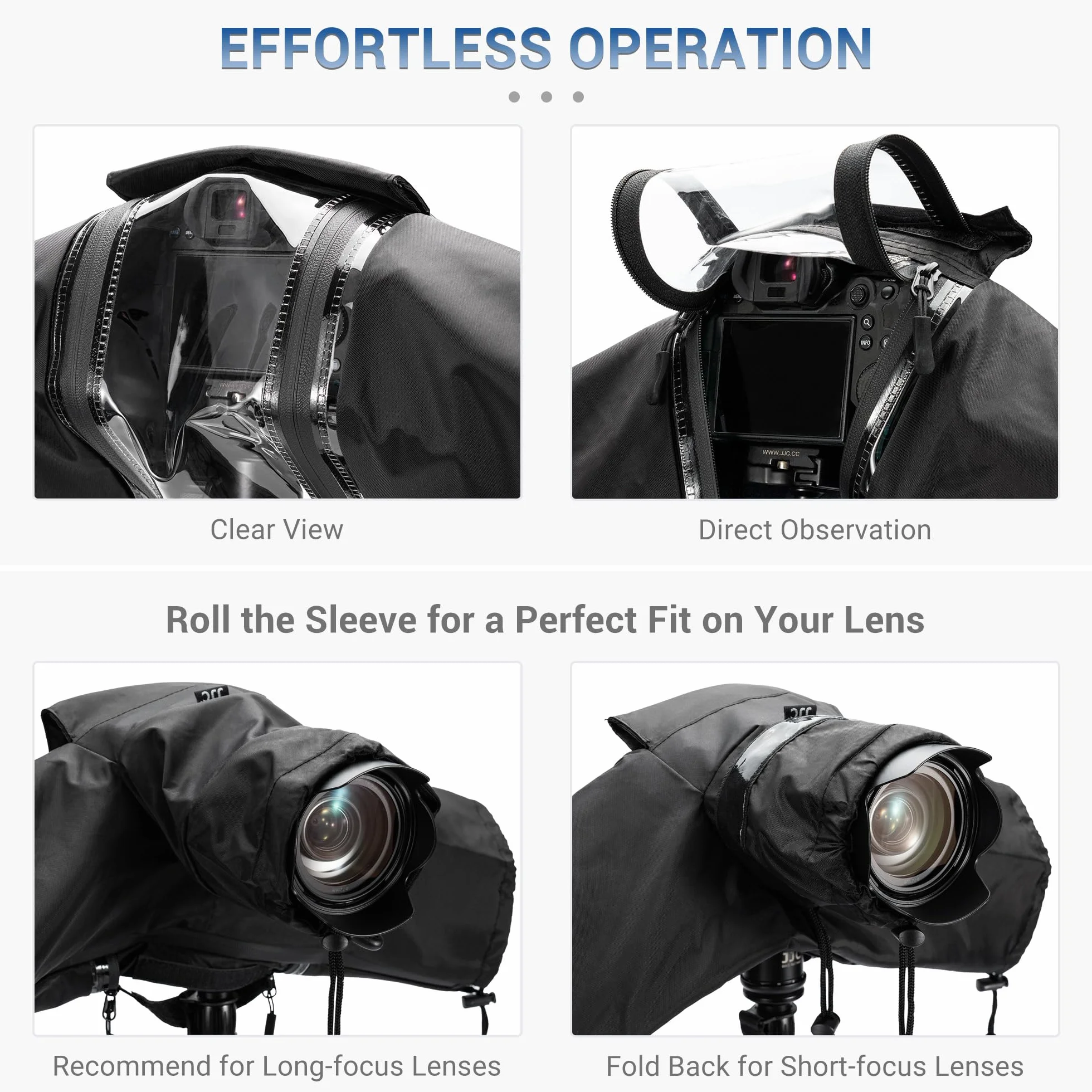 JJC Copertura antipioggia in nylon per fotocamere e obiettivi Canon, Sony, Nikon, lunghezza ≤ 230 mm, montaggio con cinghia e treppiede, finestra di visualizzazione con cerniera, maniche antiscivolo