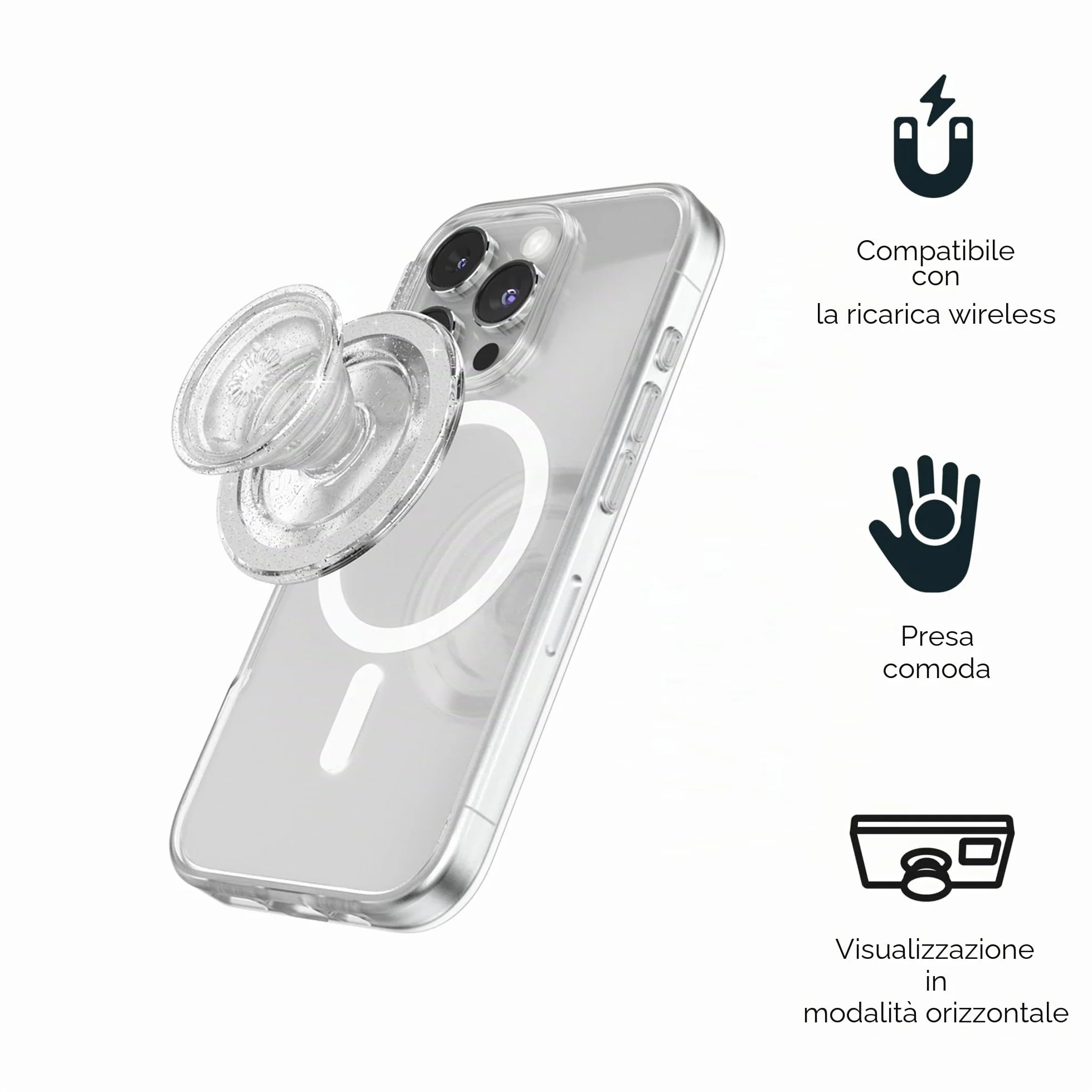 PopSockets: PopGrip Round per Magsafe - Anello Adattatore per MagSafe Incluso - Supporto e Impugnatura per Telefoni Cellulari e Custodia con un Top Intercambiabile - Clear