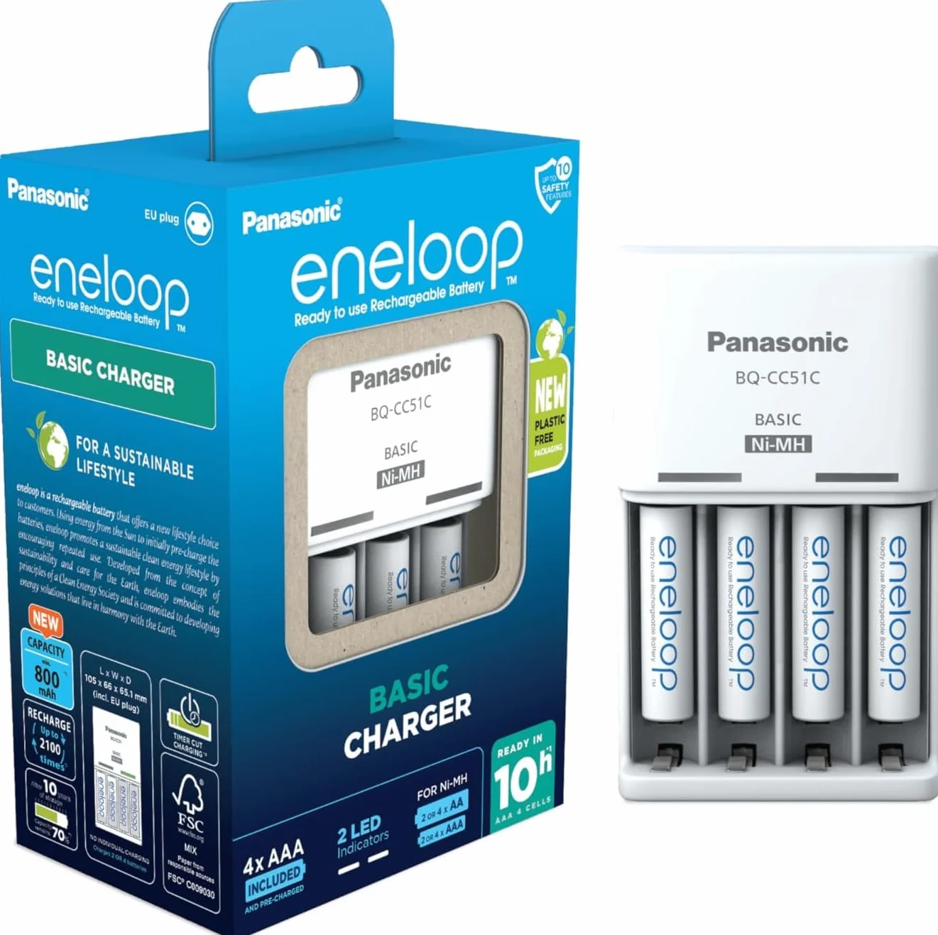 eneloop Basic Caricabatterie per 2-4 Batterie AA/AAA Ni-MH, 4 eneloop AAA con Capacità Aggiornata, 6 Funzioni di Sicurezza