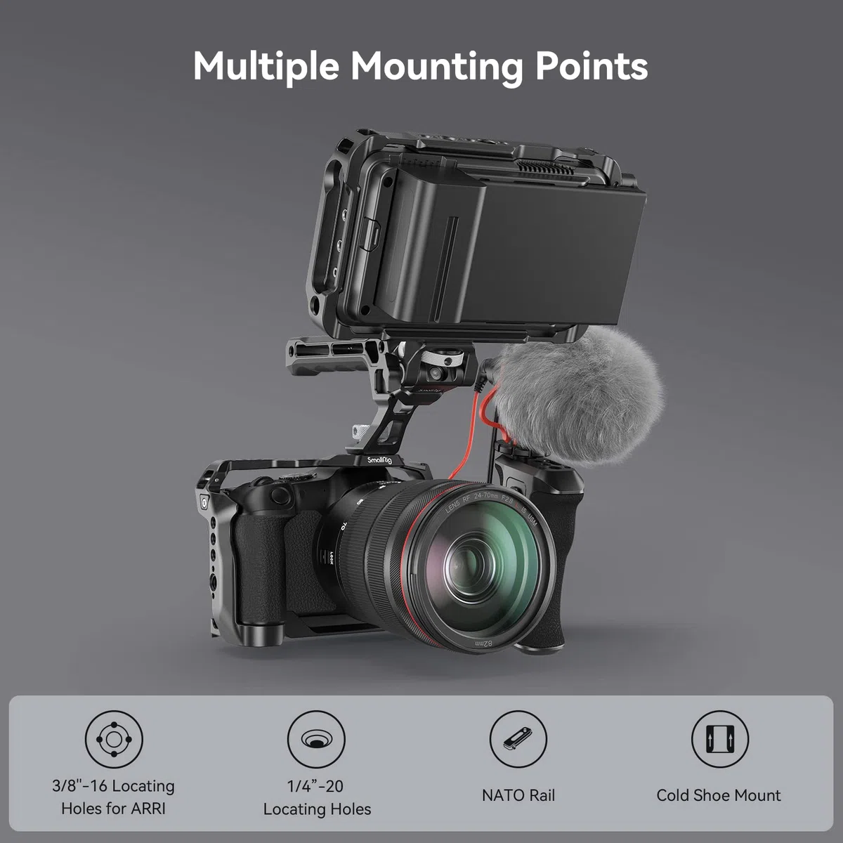 SMALLRIG Cage per Canon R8, Camera Cage con Fori Filettati da 1/4"-20, Fori di Posizionamento da 3/8"-16 per ARRI, Cold Shoe Integrato, Porta QD e Guida NATO - 4212