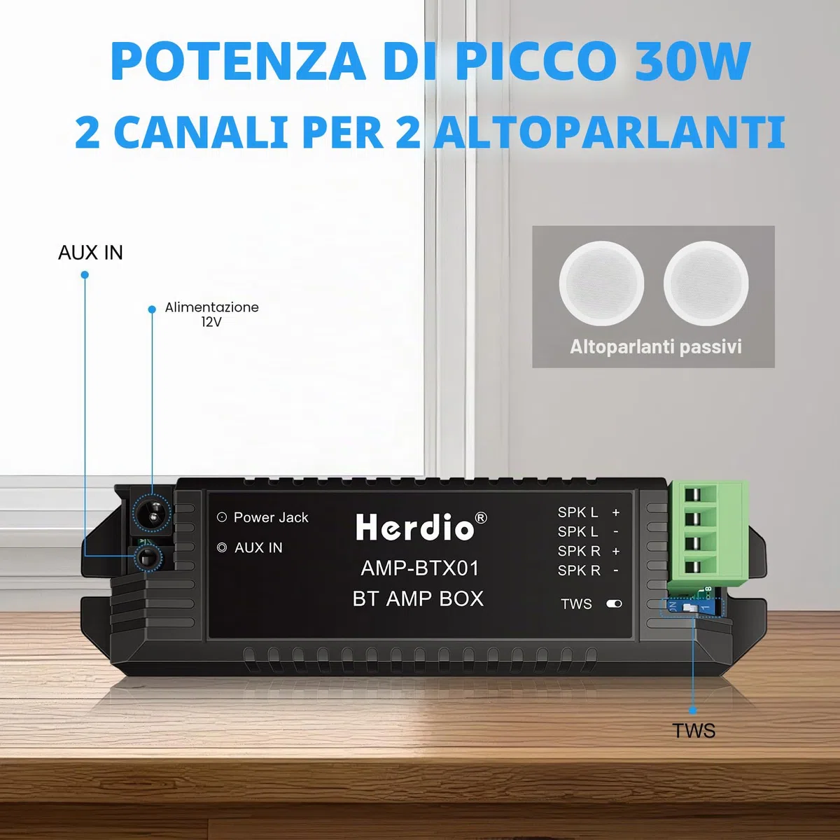 Herdio Bluetooth Home Audio Amplificatore 2 Canali Ricevitore Sistema per Altoparlanti Passivi con AUX TWS Adatto per Soffitto Marine Home Theater Garage Esterno Indoor