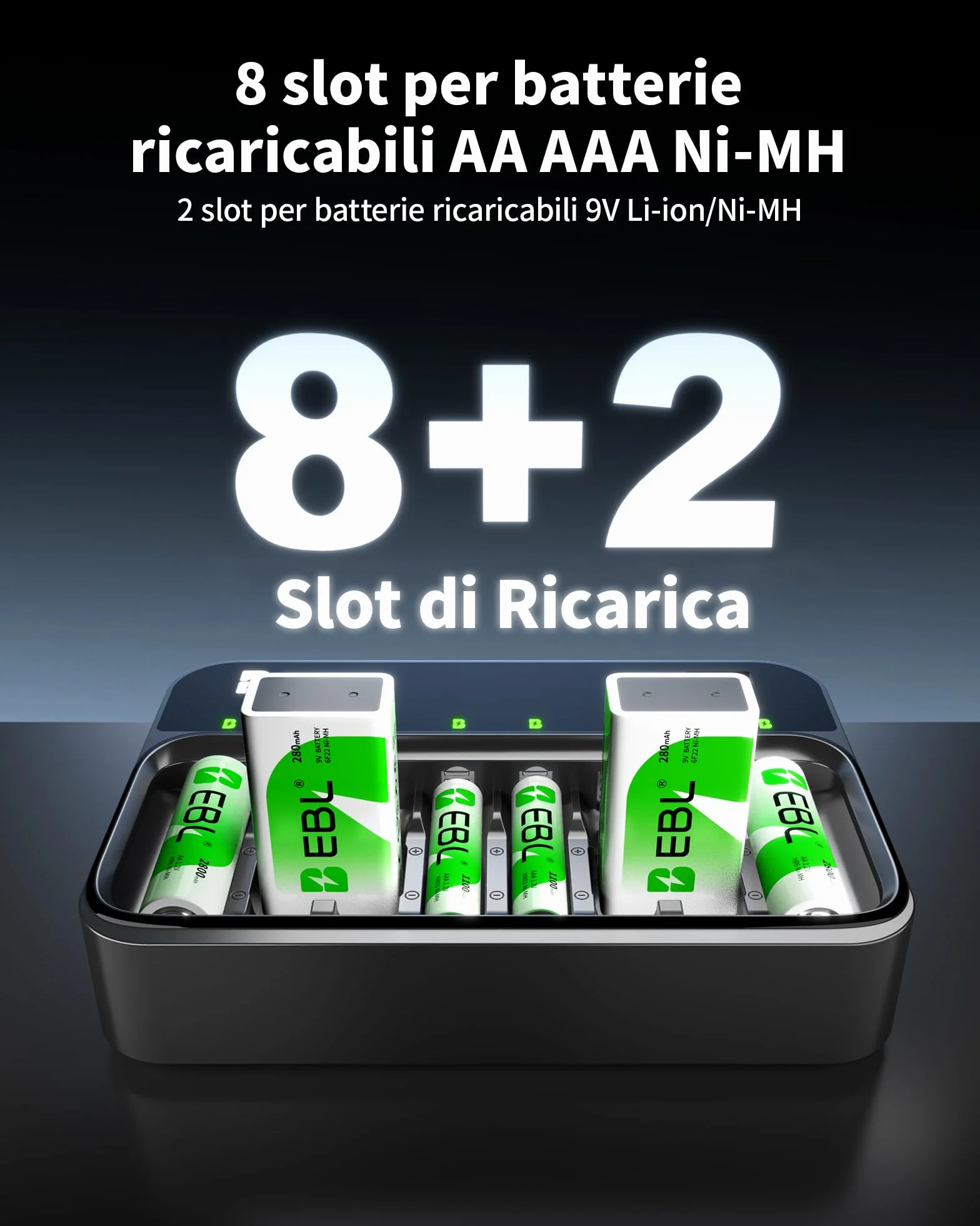 EBL Caricabatterie per batterie AA AAA 9V, 8 slot caricatore indipendenti, ingresso USB-C PD3.0 & Micro USB, caricatore rapido