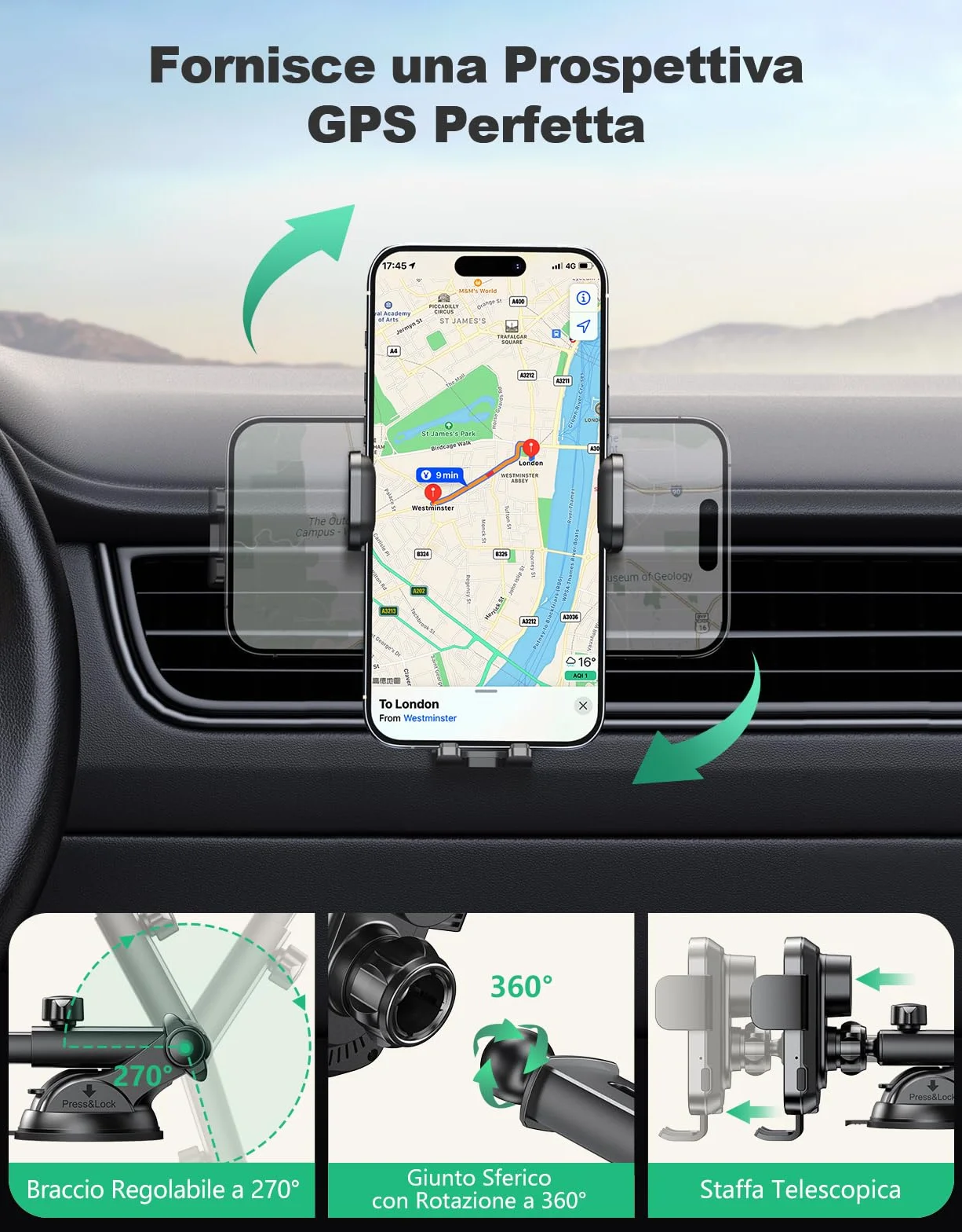 Glangeh 15W Caricatore Wireless Auto, [Ventosa+Clip+QC3.0] Automatico-Bloccaggio Ricarica Wireless Auto, Porta Cellulare Veicolo Ricarica Senza Fili Compatibile con iPhone 17 Pro Max/17 Plus/16 Pro/15