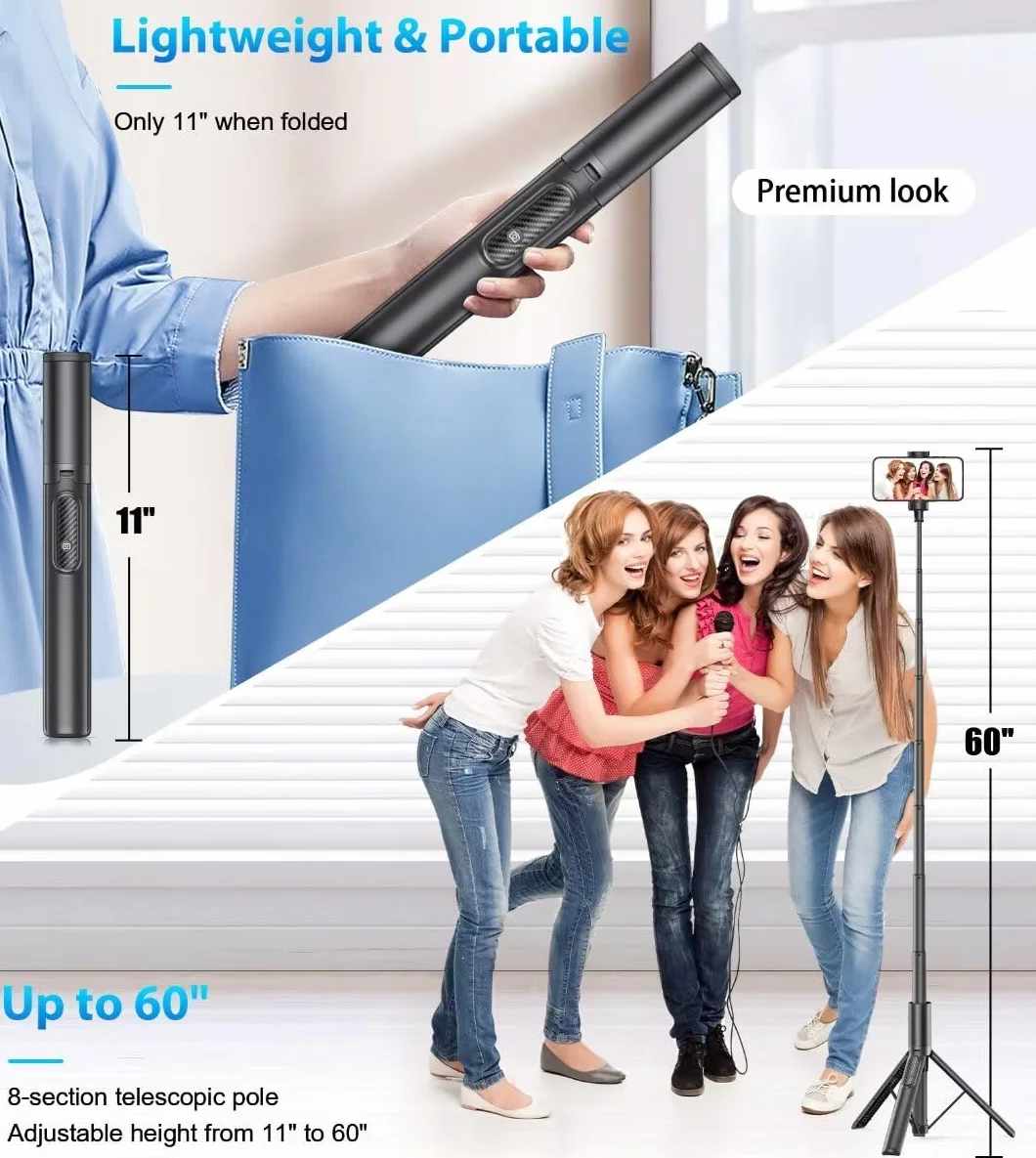 Gahenwo 153cm Treppiede Smartphone Bastone Selfie,Cavalletto per smartphone con Telecomando Wireless e Supporto per Telefono Rotante a 360 gradi, compatibile con smartphone da 4''-7'' pollici