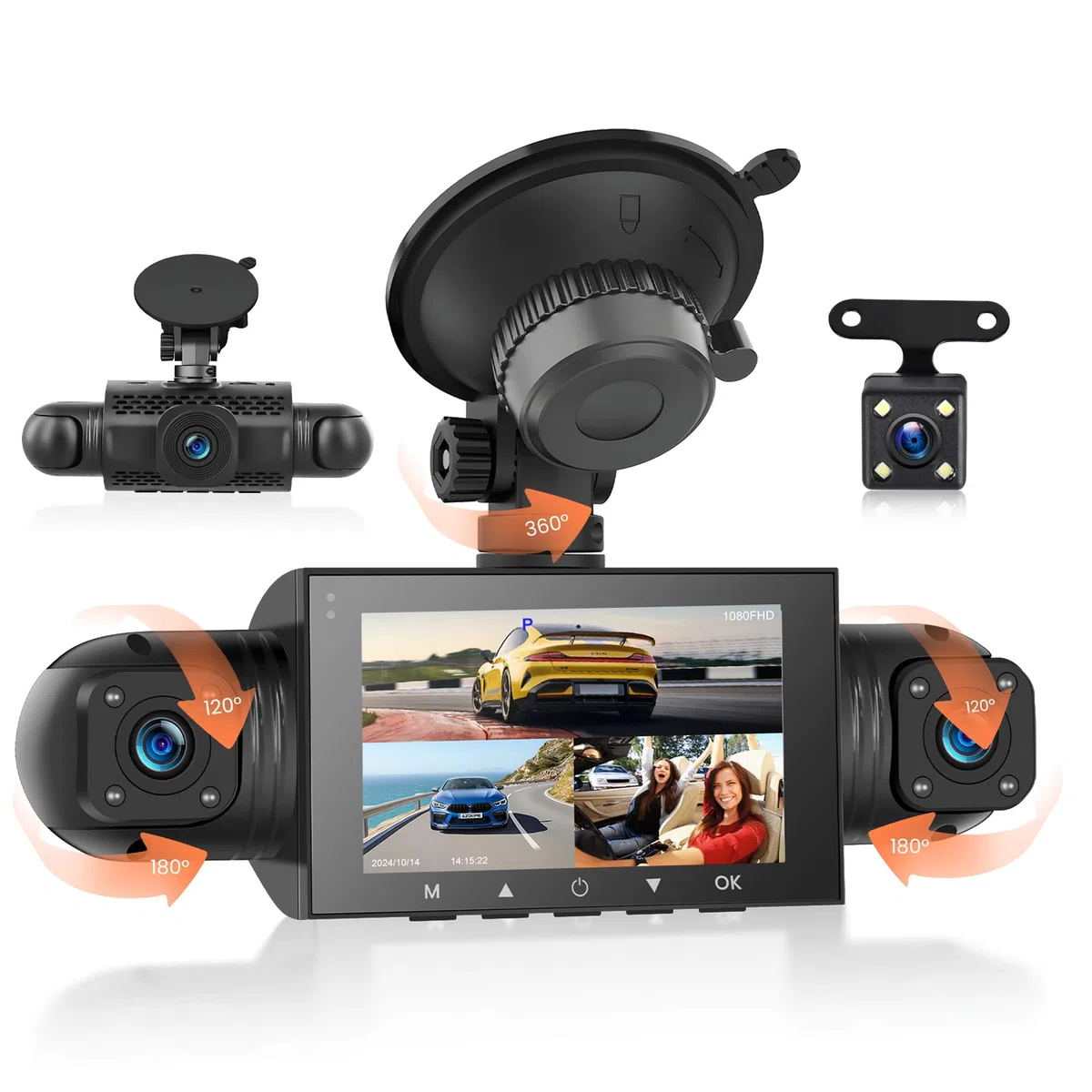Rimoody 360° 4 Canali Dashcam Auto, 4 Telecamera HD 1080P Anteriore e Posteriore Sinistra Destra, 3 Pollici 1080P Dash Cam con 8 IR Visione Notturna/Loop video/24H Parcheggio Monitor/G-Sensore