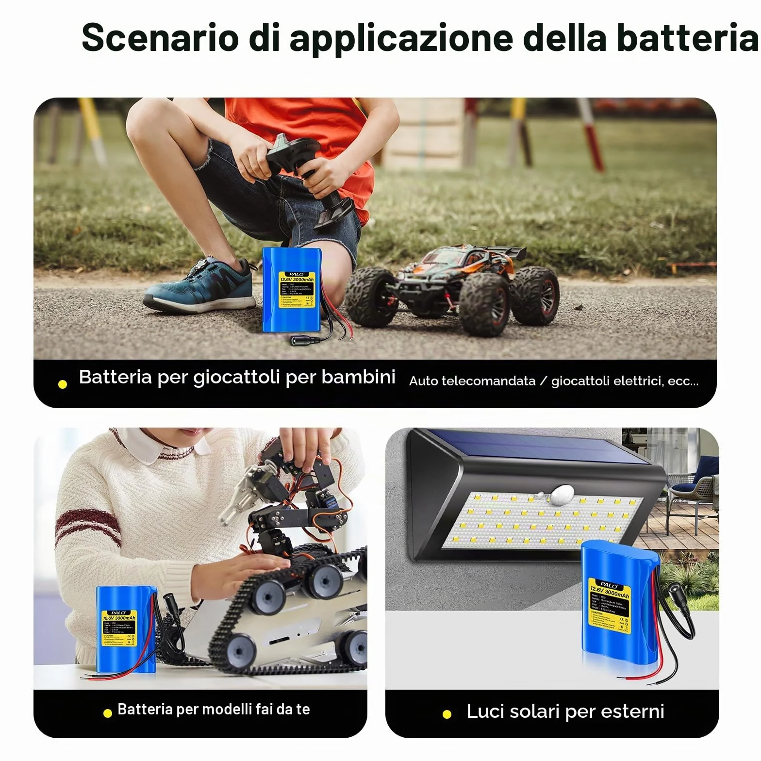 Batteria agli ioni di litio 12,6V 3000 mAh con caricabatterie e 2 linee di collegamento per pannello solare, radio, fotocamere, videocamere, lampada da lettura fai da te, telescopi, sonar