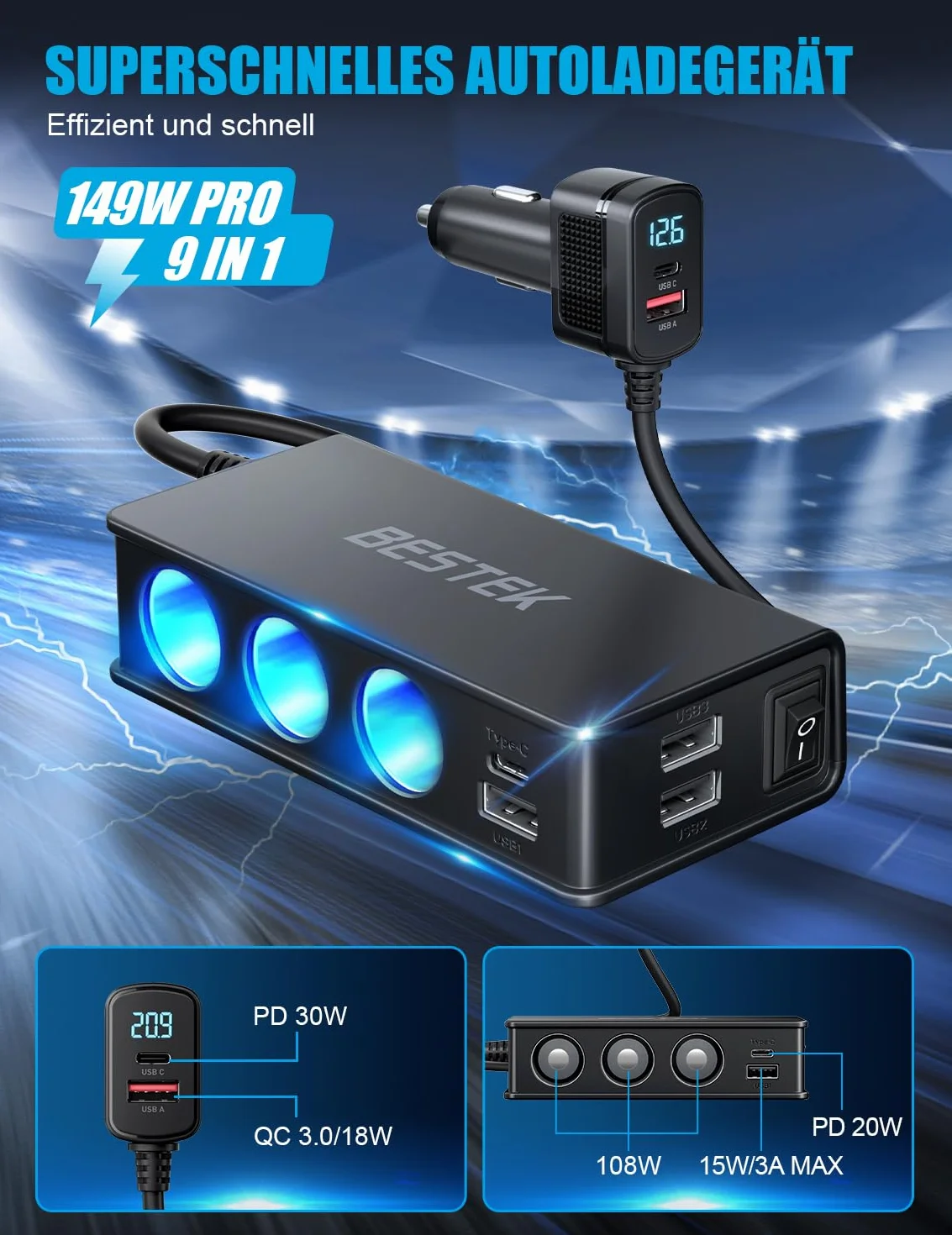 BESTEK Caricatore Auto USB-C PD USB QC3.0 Caricabatterie da Auto 148W, 9 in 1 Adattatore per Accendisigari 12V/24V con 3 Prese & 6 Porte con Display LED per iPhone Dash Cam