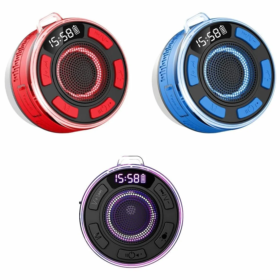 Altoparlante impermeabile IPX7 per doccia suono surround 360° luci RGB radio FM ventosa rimovibile nero