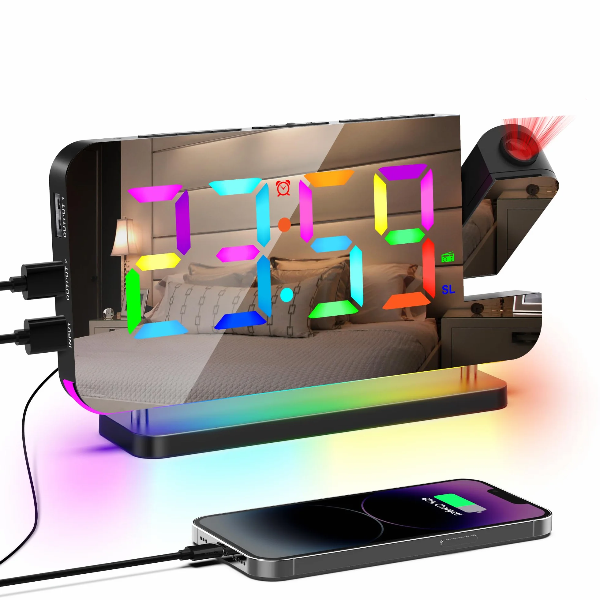 Sveglia Proiezione Specchio 11 RGB 10 Colori Luce Notturna LED Orologio da Scrivania