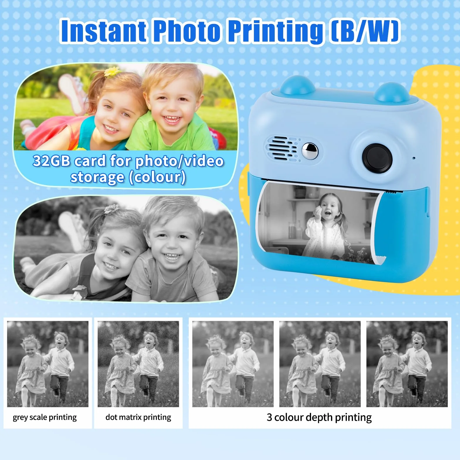 Gugxiom Kids Camera Instant Print, Fotocamera Digitale per Bambini con Scheda SD da 32 GB e 3 Rotoli Di Carta per Stampante, Fotocamera per Bambini per Ragazzi e Ragazze (blu)