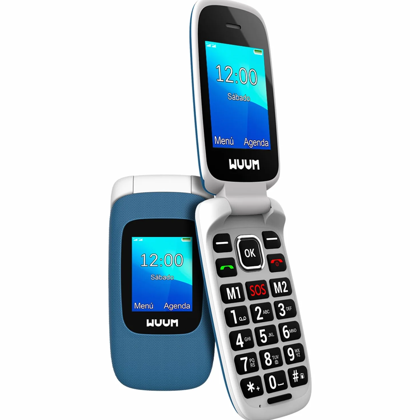 WUUM CLAP – Telefono Cellulare con sportello a doppio schermo | Tasti e numeri grandi | 2 Memorie dirette e Pulsante SOS | Bluetooth | Grande batteria 800mAh | USB-C | Blu