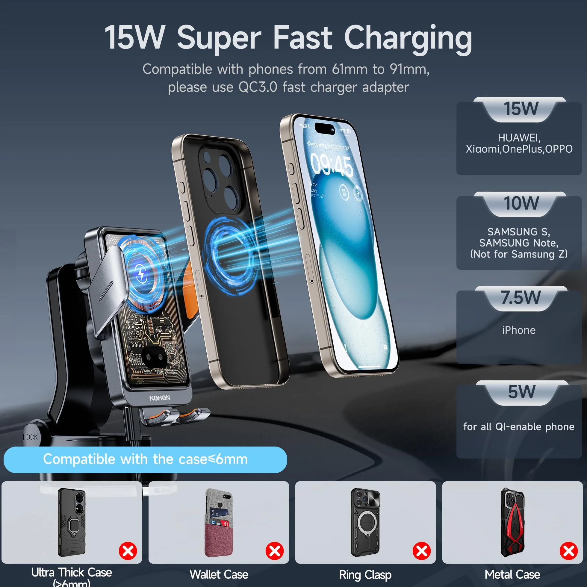 NOHON 15W Qi Caricatore Wireless Auto：Supporto Telefono Auto con Clip Ventosa per iPhone 17 16 15 14 13 12,Samsung,Xiaomi,360° Rotazione Auto-Bloccaggio Porta Cellulare Ricarica Wireless Auto