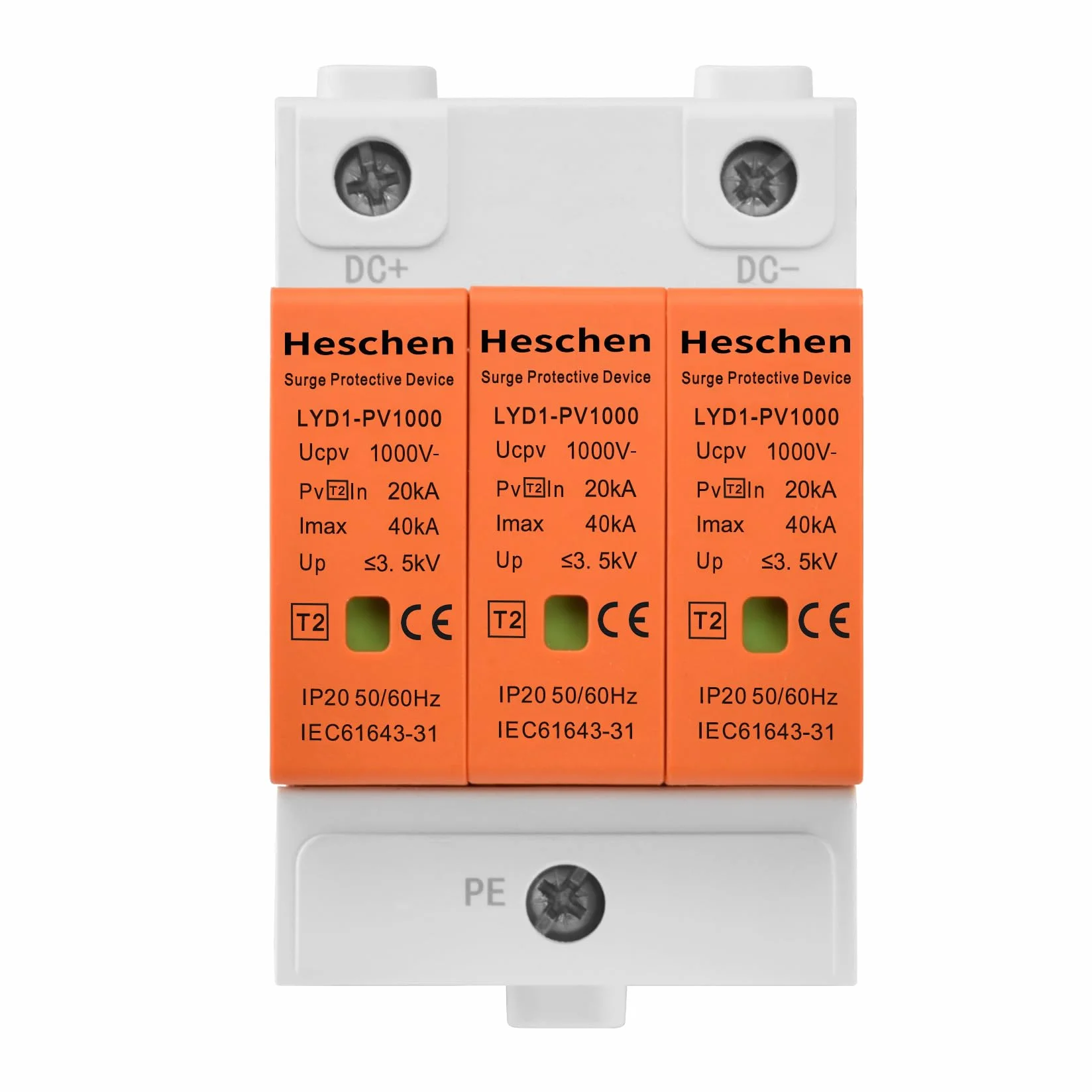 Heschen LYD1-PV1000 Dispositivo di protezione contro le sovratensioni PV 3P 1000VDC 20KA guida DIN 35mm