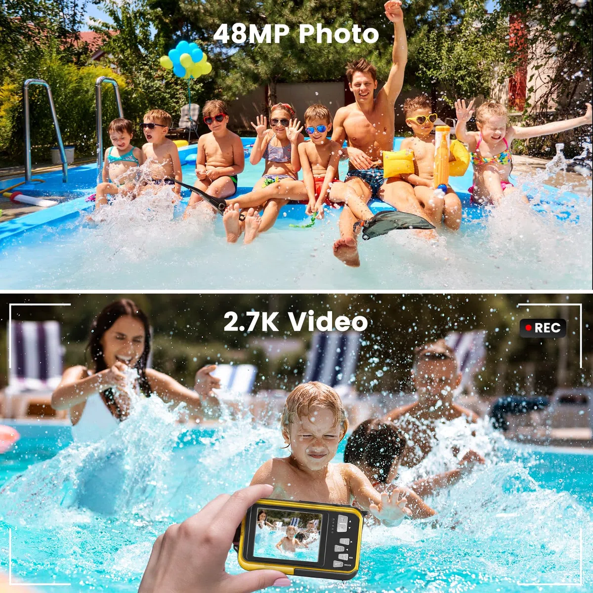 Macchina Fotografica Subacquea, Zoom Digitale 16X, Fotocamera Full HD 2.7K 48MP, Impermeabile Giallo