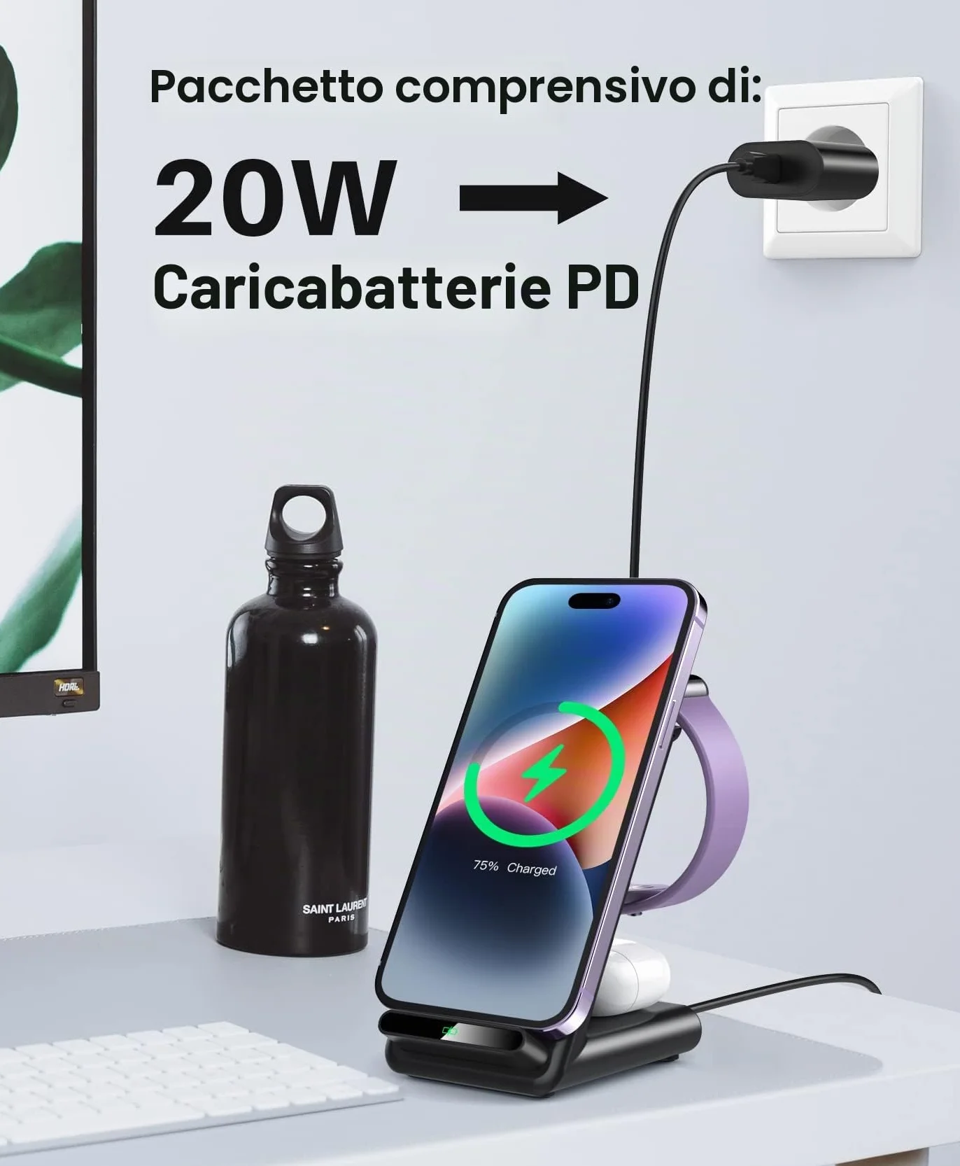 Caricatore wireless 3 in 1, Supporto di Ricarica per iPhone 17 16 Pro Max/17 Air/16e/15 14 13 12 11 Serie/XS/8, Stazione di Ricarica Wireless per Apple Watch Ultra 11 10 9 8 7 6 SE 5 4, Air Pods Pro 3
