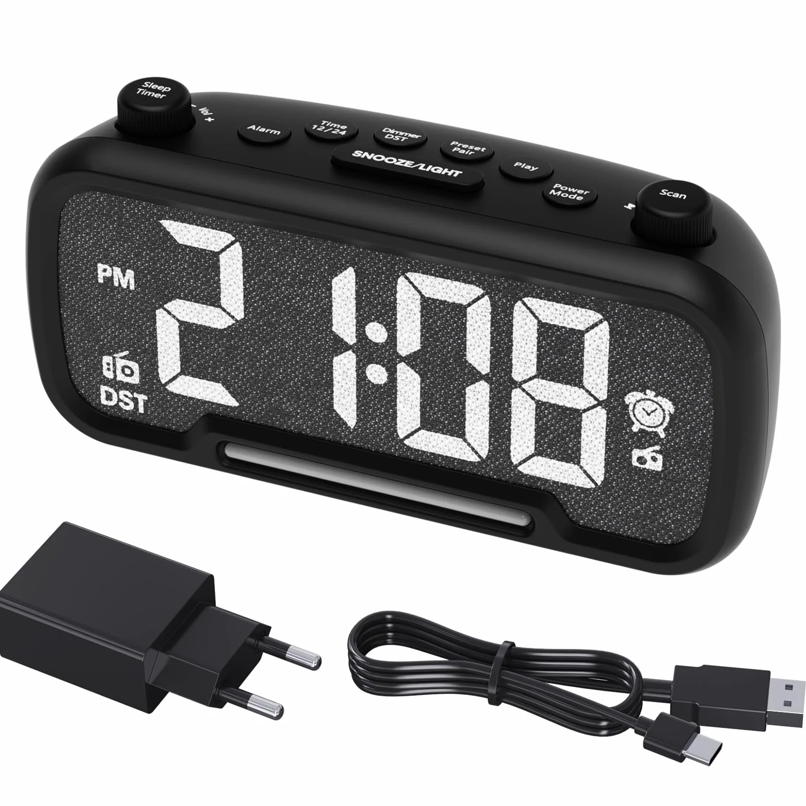 ROCAM Sveglia Digitale da Comodino Radiosveglia Orologio Digitale da Tavolo Funzionamento a rete Dimmer Luce notturna USB Tipo-C DST Batteria di Backup Radio da Cucina