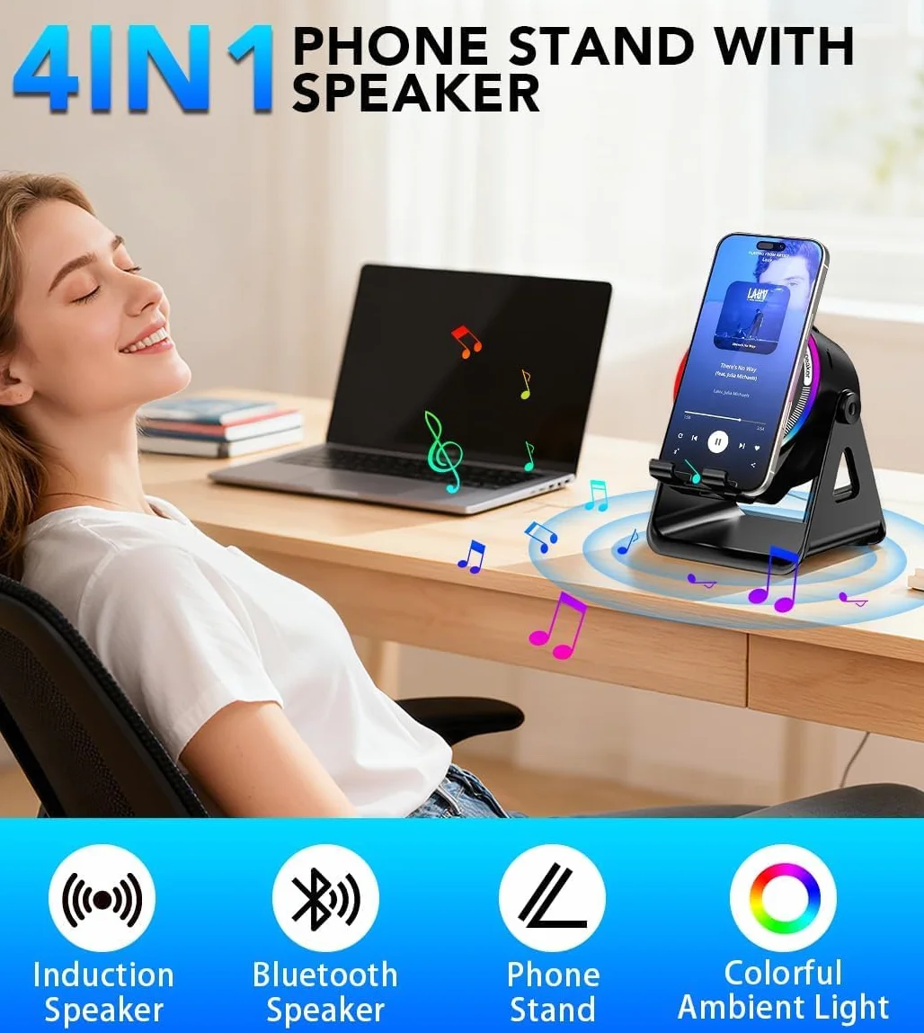 Altoparlante Bluetooth a induzione wireless 5 in 1 con supporto rotondo regolabile per telefono, altoparlante Bluetooth stereo multifunzionale, luce ambientale 8 RGB e lunga durata della