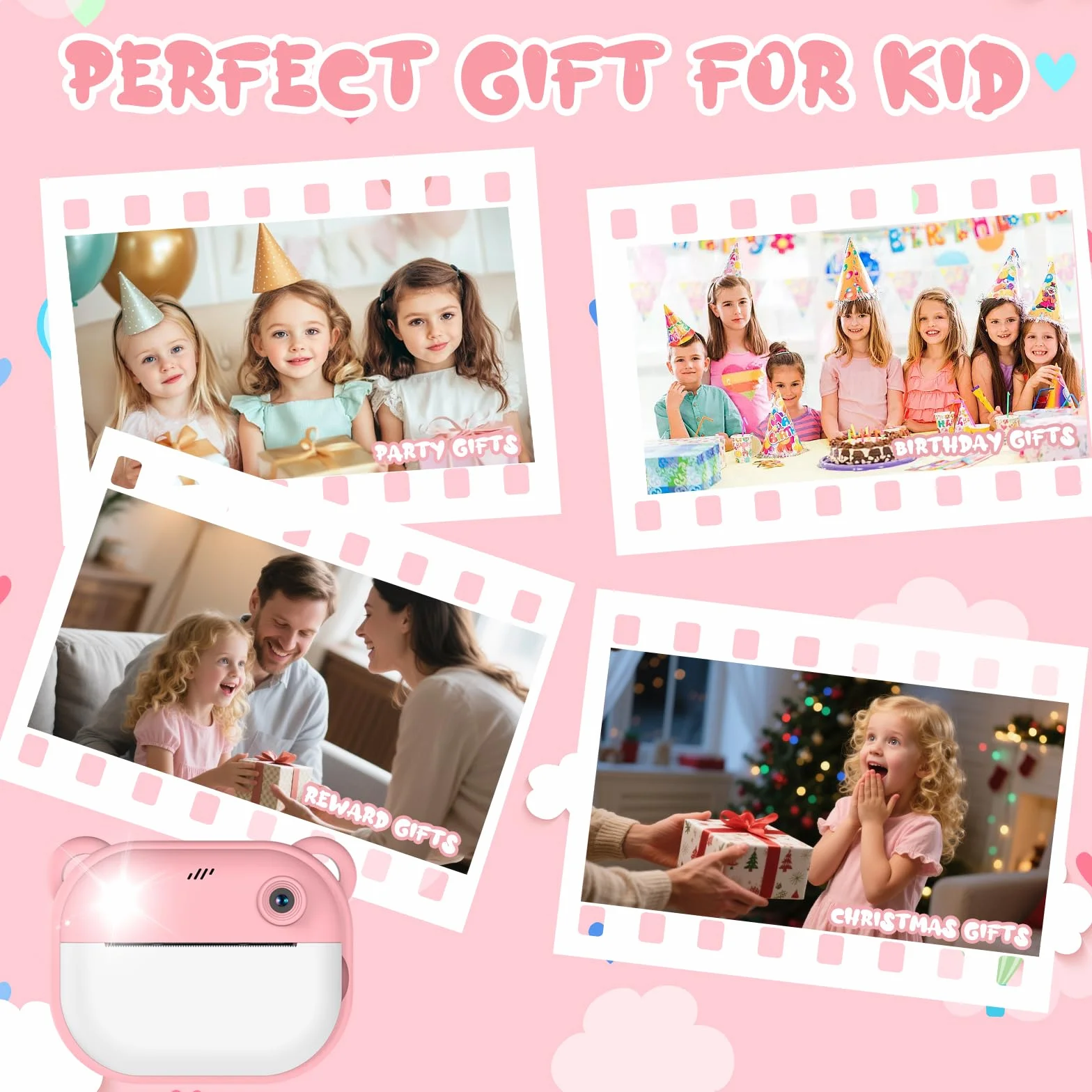Macchina Fotografica Bambini Istantanea, Fotocamera Digitale con Carta da Stampa e Scheda TF da 32 G, Penne Colora, Regalo Natale Bambino e Bambina 3-14 Anni (Rosa)