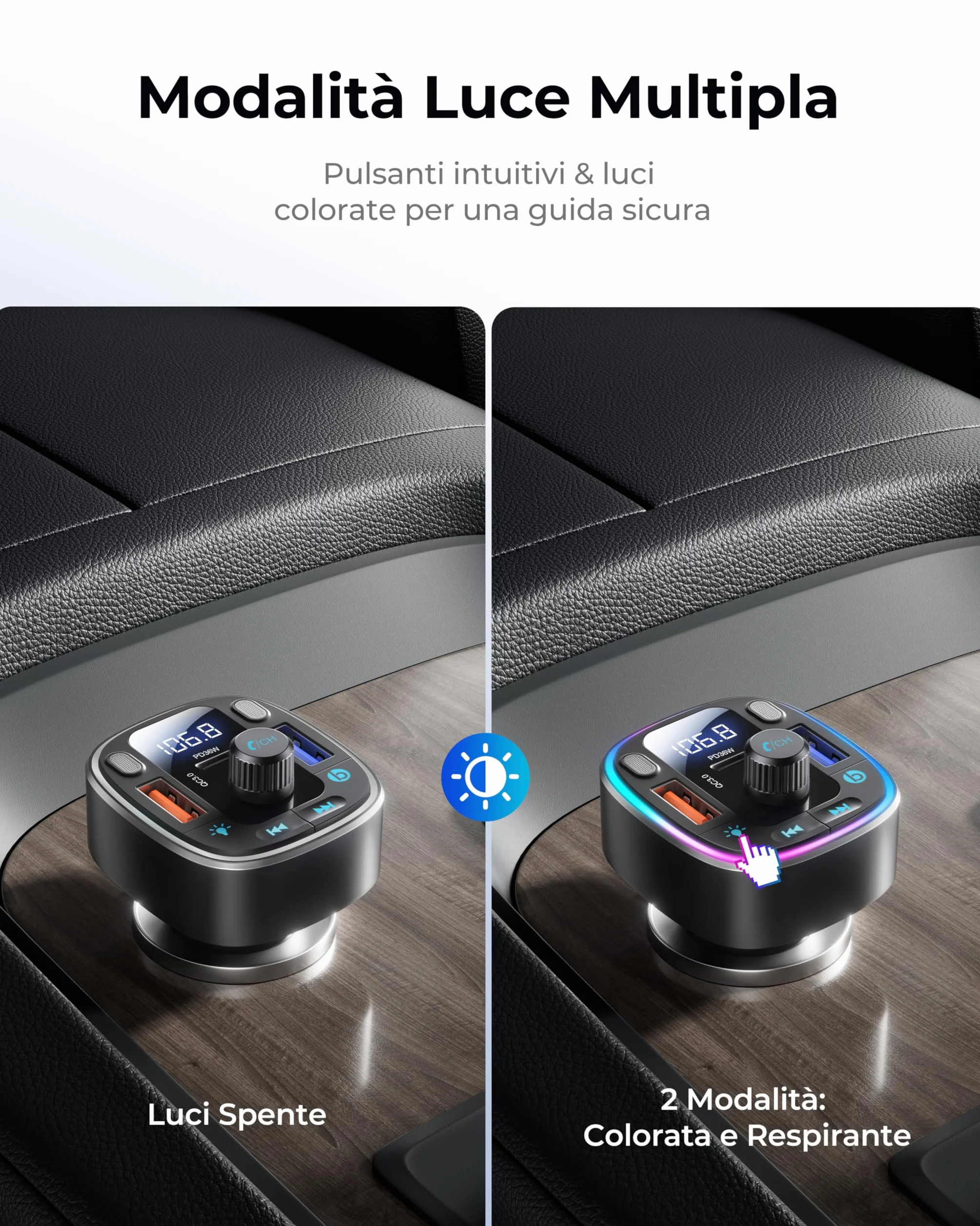 LENCENT Trasmettitore FM Bluetooth 5.4, Accendisigari Auto Radio, 54W USB Ricarica Rapida (PD 36W & QC3.0), Bluetooth FM Musica, Chiamate Vivavoce, Doppio Microfono e Chiavetta USB