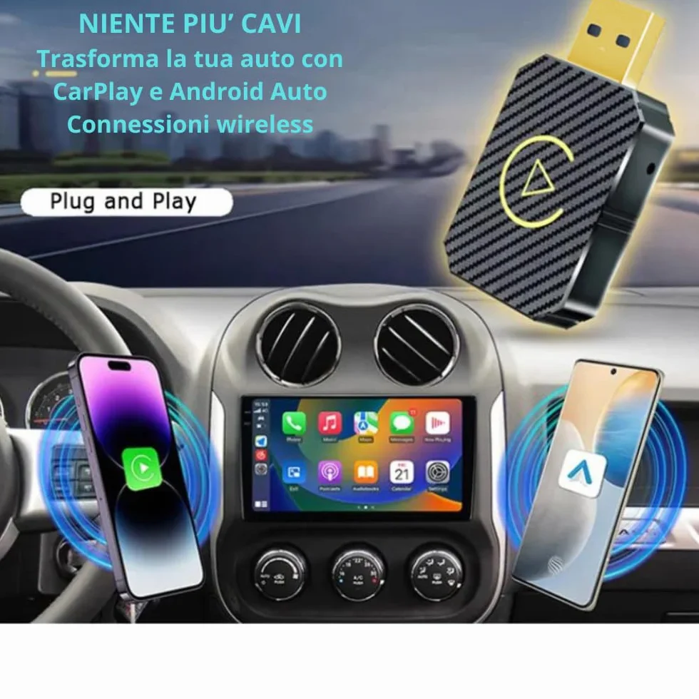 Adattatore Wireless CarPlay & Android Auto per Auto già Cablate - Trasforma il Sistema Multimediale in Wireless, Compatibile con iOS 10+ e Android 11+ USB C/A, Plug & Play, Mini, Nero