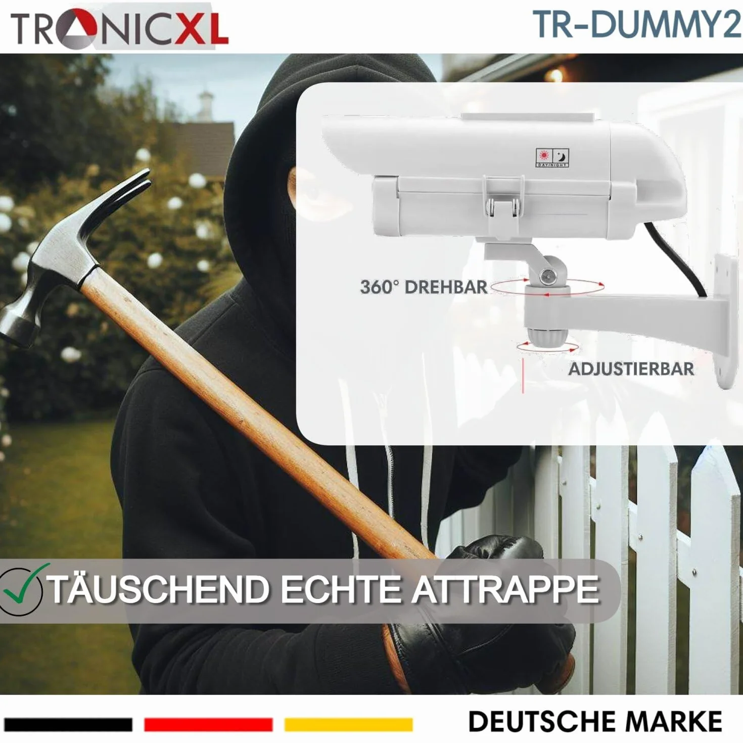 TronicXL Telecamera di sorveglianza solare di alta qualità, CCTV con LED lampeggiante, CCD professionale, per interni ed esterni