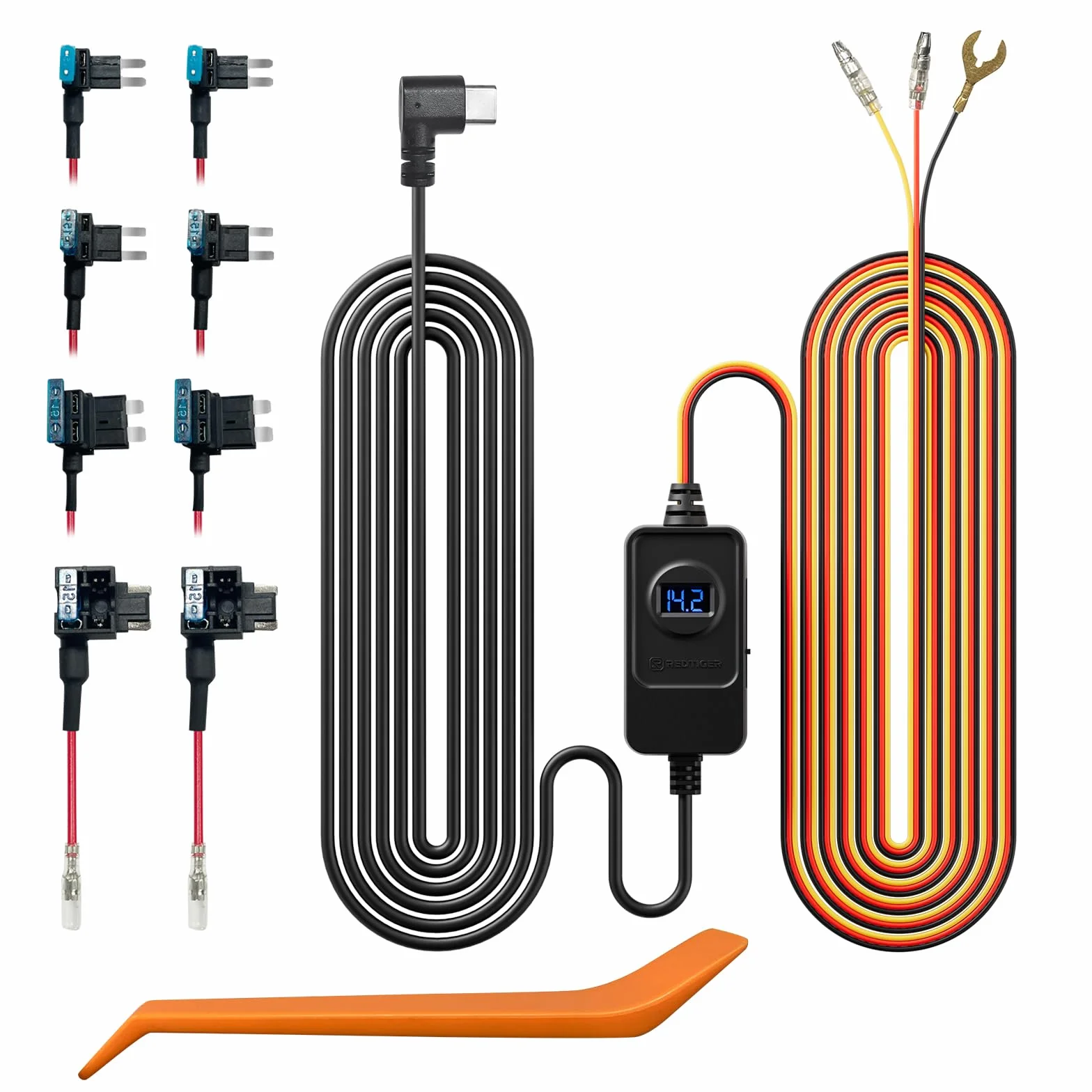 REDTIGER F7N Kit di cavi Rigidi per Dashcam Porta USB C per Telecamera da Cruscotto Kit di cavi di Ricarica per auto da 12V - 24V a 5V con set di Fusibili, Protezione da Bassa Tensione per Dashcam Dop