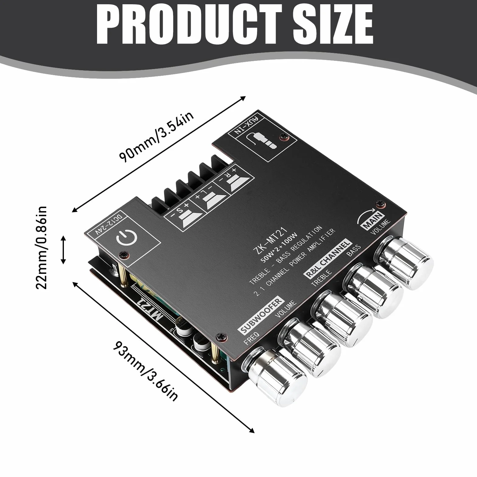 Amplificatore audio HiFi: 2 x 50 W + 100 W subwoofer 2.1 canali, amplificatore scheda con Bluetooth alti e controllo dei bassi, ingressi Bluetooth e AUX, DC 12-24 V per altoparlanti passivi