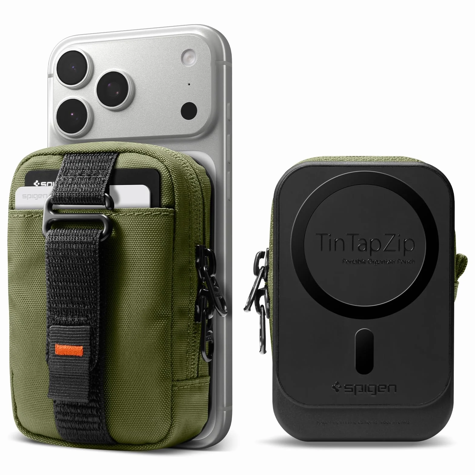 Spigen TinTap Zip MagFit Portafoglio MagSafe con Mini Pochette Blocco RFID Wallet Magnetico Portacarte Compatibile con iPhone 17/16-12, AirPods Pro 3-1 e AirPods 4-1, Accessori MagSafe - Verde Oliva