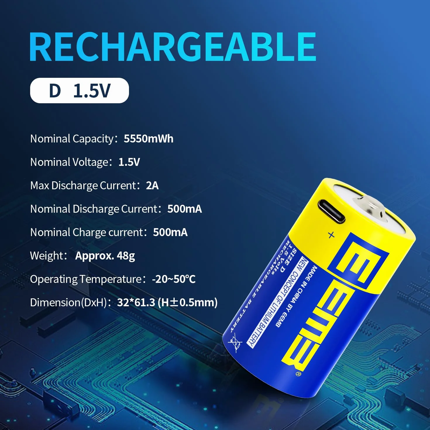 EEMB Confezione da 4 Batterie D Ricaricabili 1,5V, Alta Capacità 5550mWh, Pile Mono D al Litio con Cavo di Ricarica USB Tipo C, Batteria di Ricambio LR20 per Torce Elettriche e Radio