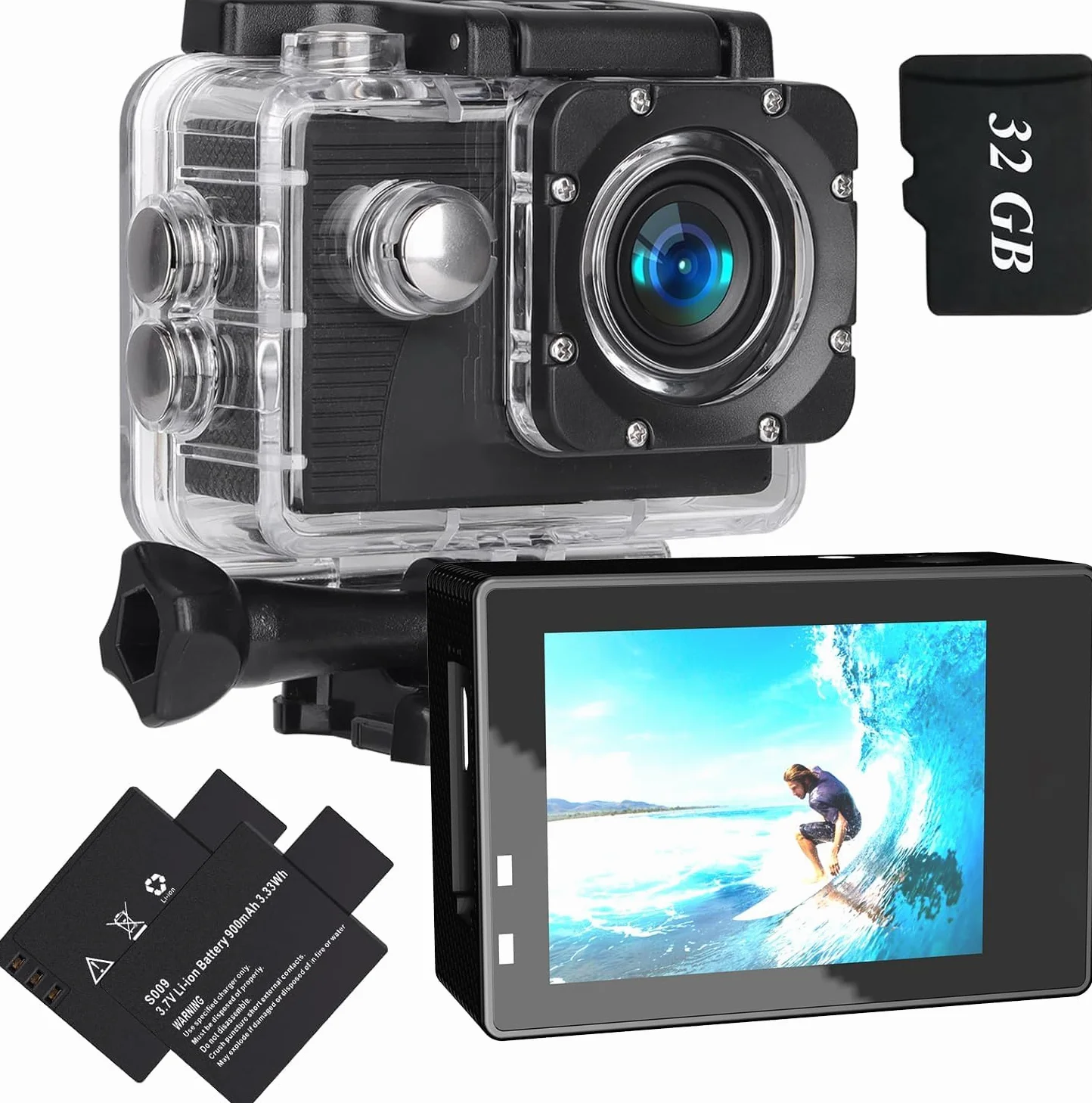 Xilecam Action Cam 1080P con scheda da 32 GB Telecamera Moto, Macchina Fotografica Subacquea impermeabile 40M, Fotocamera Subacquea con 2 x Batterie Ricaricabili e Kit Accessori（X8000Pro）