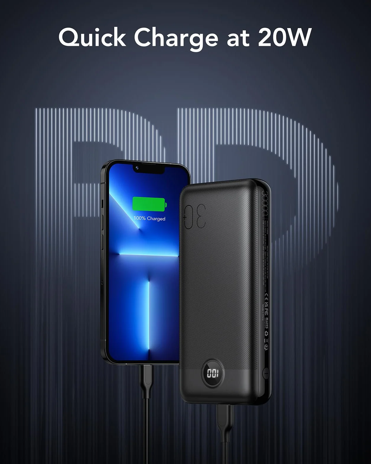 VEGER Power Bank 30000mAh, PD 20W QC 3.0 Ricarica Rapida Caricatore Portatile, 4 Uscite e 2 Ingressi con LED Display Digitale Batteria Esterna Compatibile con iPhone/Samsung/Huawei/iPad (Nero)