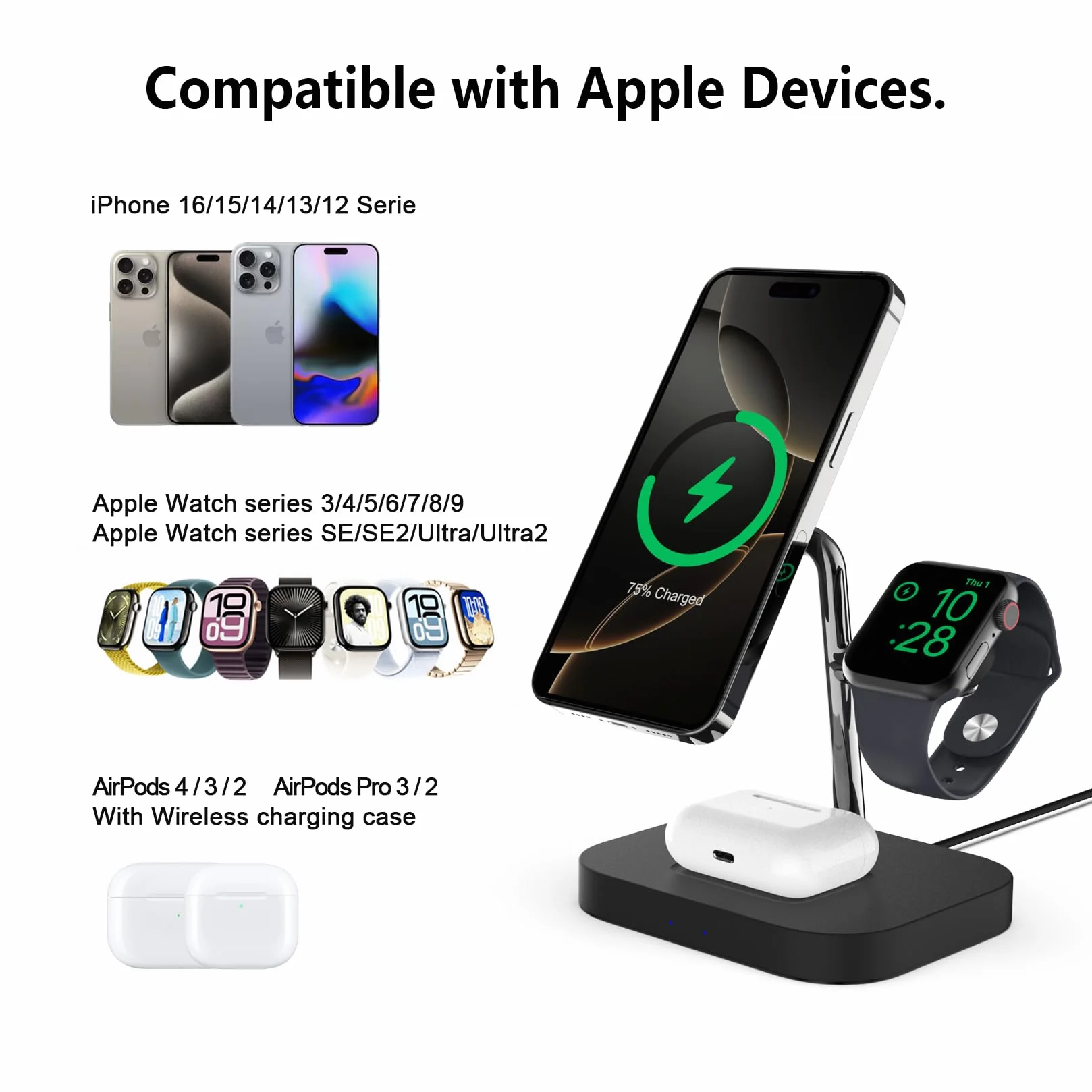 Boaraino Caricatore Wireless Magnetica, 3 in 1 Stazione di Ricarica Wireless Compatibile coniPhone 17/17 Pro/17 Pro Max /16/15/14/13/12, Apple Watch 11/10/9/8/7/6/SE/5/4/3, AirPods 2/3/4/Pro