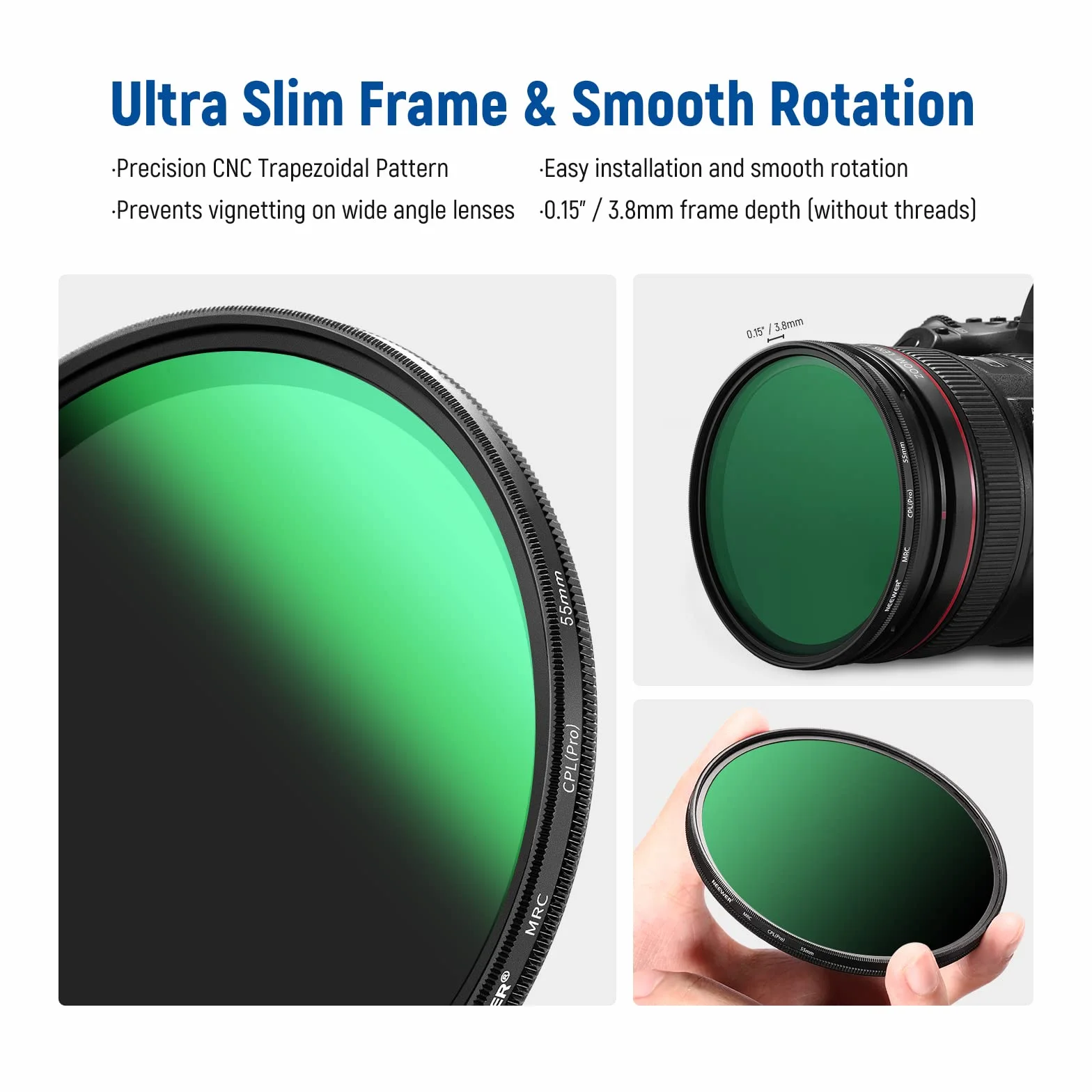 NEEWER Filtro CPL da 55mm, Filtro Polarizzatore Circolare Ultra Sottile con Rivestimento Nano Multi Resistente a 30 Strati, Riduce Riflessi e Abbaggliamenti, Aumenta Contrasto, Vetro Ottico HD