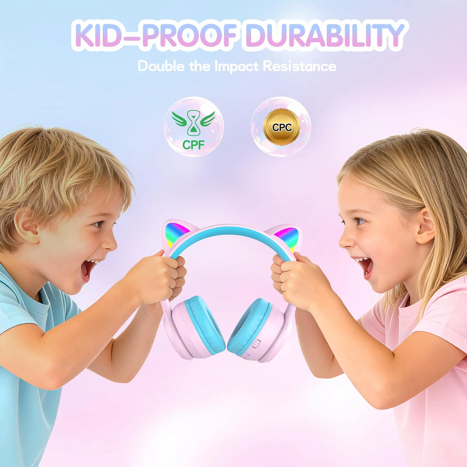 IFECCO Cuffie Bluetooth per bambini senza fili con custodia – Cuffie over-ear con luci LED, orecchie da gatto, limitazione del volume a 85 dBA, microfono integrato, compatibili con iPad/tablet/scuola