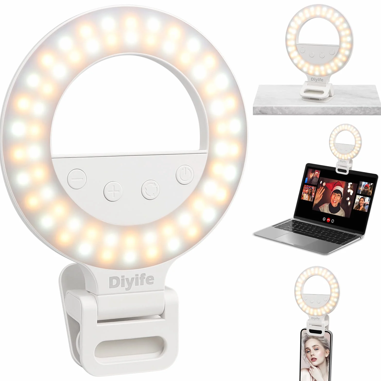 Selfie Ring Light, [1000mAh-Batteria A Lunga Durata]] Diyife Ring Light Telefono, 60 LED 360° Regolabile Clip Luce per Selfie, 10 Livelli di Luminosità, 3 Colori per Tiktok, Live Stream, Trucco