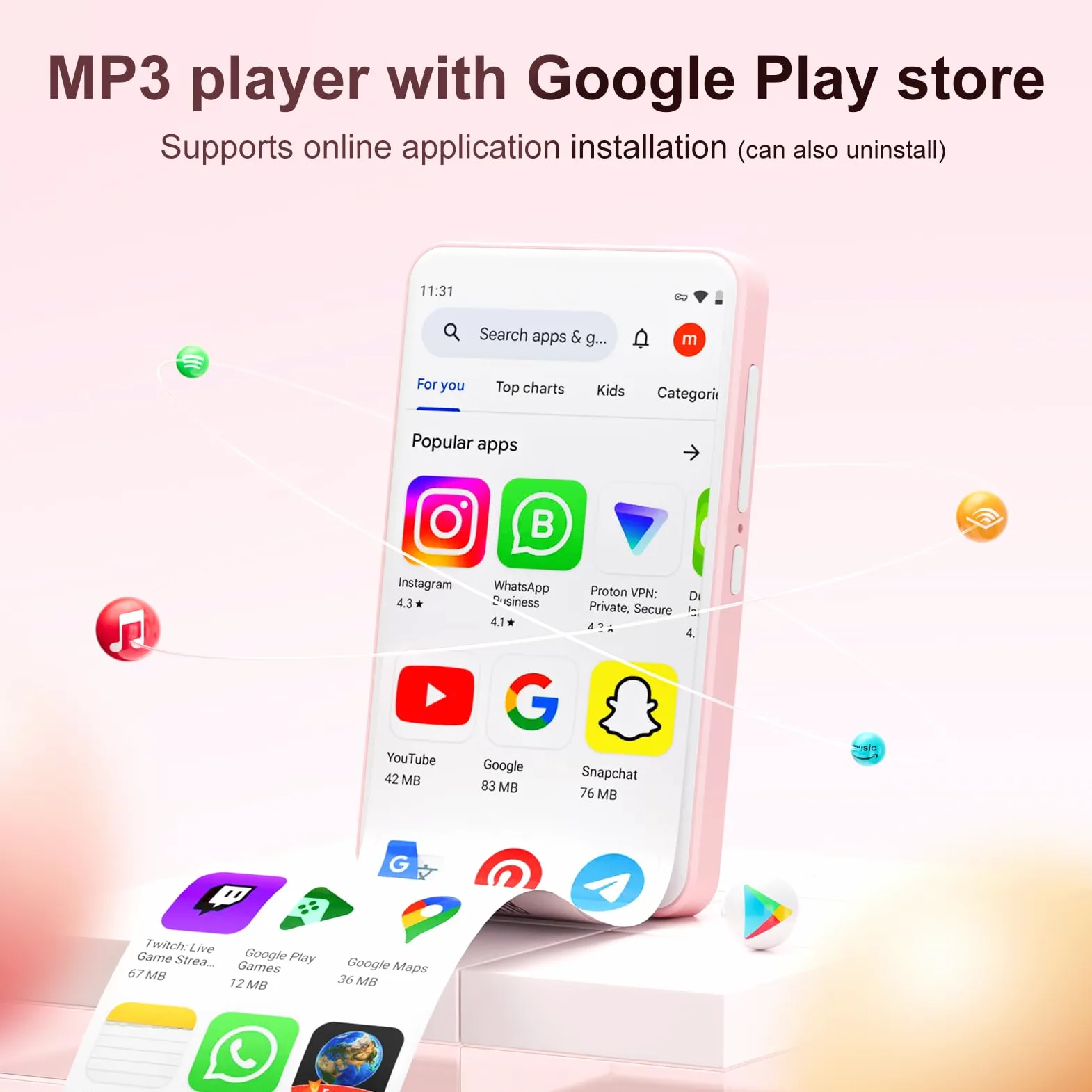Lettore MP3 con Bluetooth e WiFi, Oilsky 80GB Portable MP3 Music Player con Spotify, Audible, Deezer, 4 pollici 1080P Touchscreen MP4 Player, Android 9.0 (rosa)