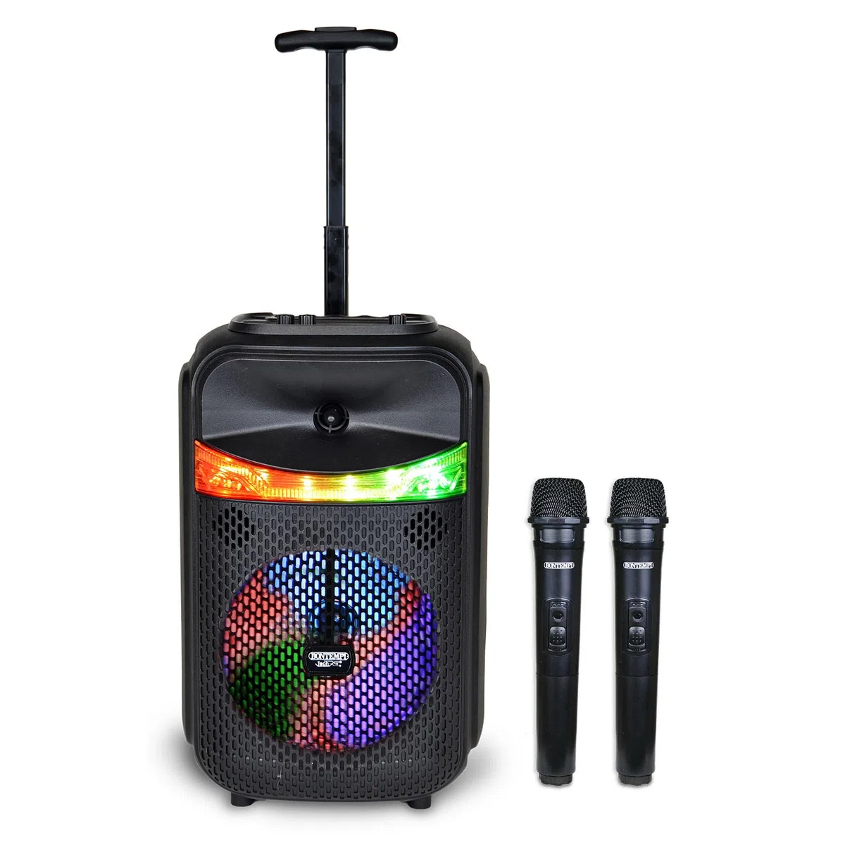 Bontempi | Cassa Trolley Acustica Wireless con 2 Microfoni Senza Filo, Luci RGB, Telecomando, Display, Funzione TWS, 39.5x22.5x19 cm