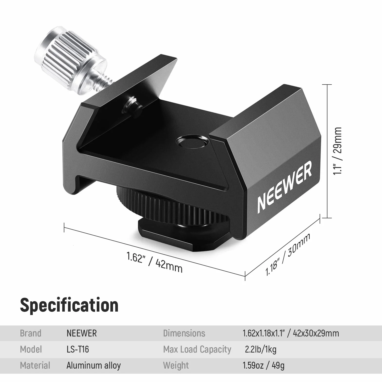 NEEWER Adattatore di Montaggio per Cercatore di Telescopi in Metallo con Cold Shoe e Filettatura 1/4" per Attacco Hot Shoe, Base a Coda di Rondine Standard da 33mm per Astrofotografia di Cielo, LS-T16