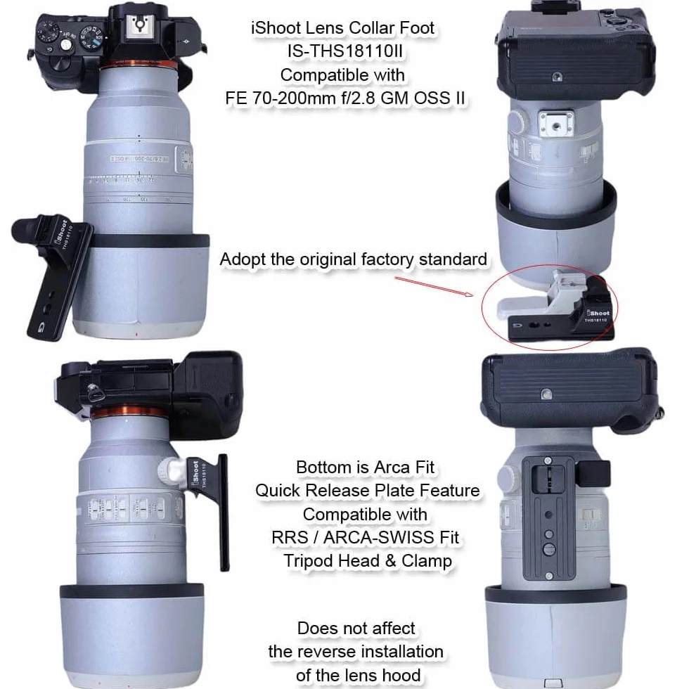 iShoot Base Anello di montaggio per treppiede piede Collare per obiettivo Supporto Arca Piastra compatibile con Sony FE 100-400mm f/4.5-5.6 GM OSS, 70-200mm f/2.8 GM OSS & II, 18-110mm f/4 G OSS PZ