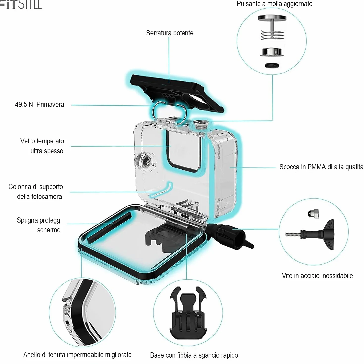 FitStill Custodia impermeabile 60M/196FT per Go Pro Hero 13/Hero 12/Hero 11/Hero 10/Hero 9 Black, custodia protettiva subacquea con accessori per fotocamera Go Pro Hero 13/12/11/10/9 Action camera