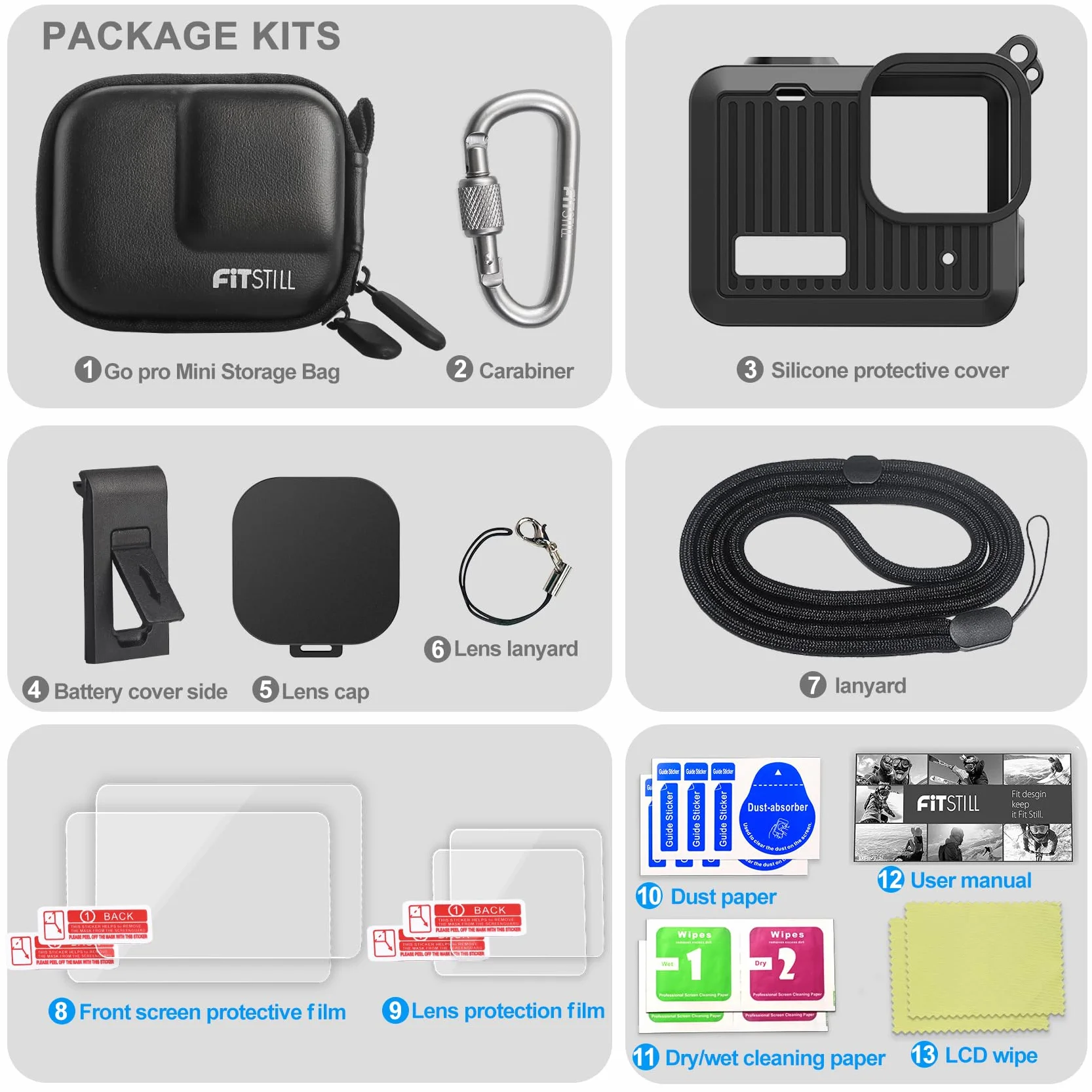 FiTSTILL Custodia in poliuretano con custodia in silicone con protezione in gomma per GoPro Hero 4K, sostituisce la copertura laterale della batteria, copriobiettivo, cordino e pellicole protettive