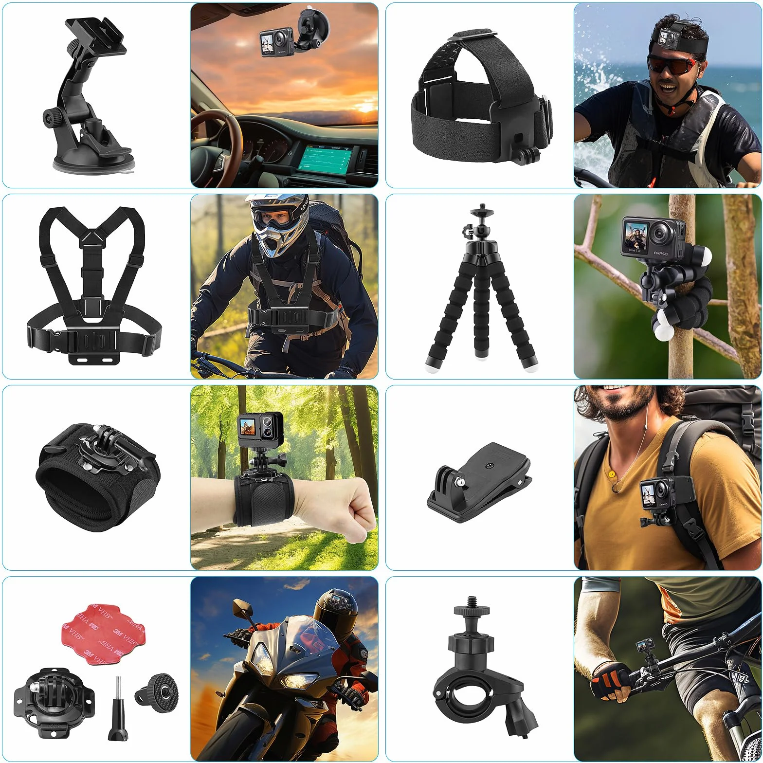 Kit Accessori Action Cam, compatibile con GoPro, AKASO, Campark, Crosstour, APEMAN, COOAU, Apexcam, WOLFANG, Surfola, SJCAM
