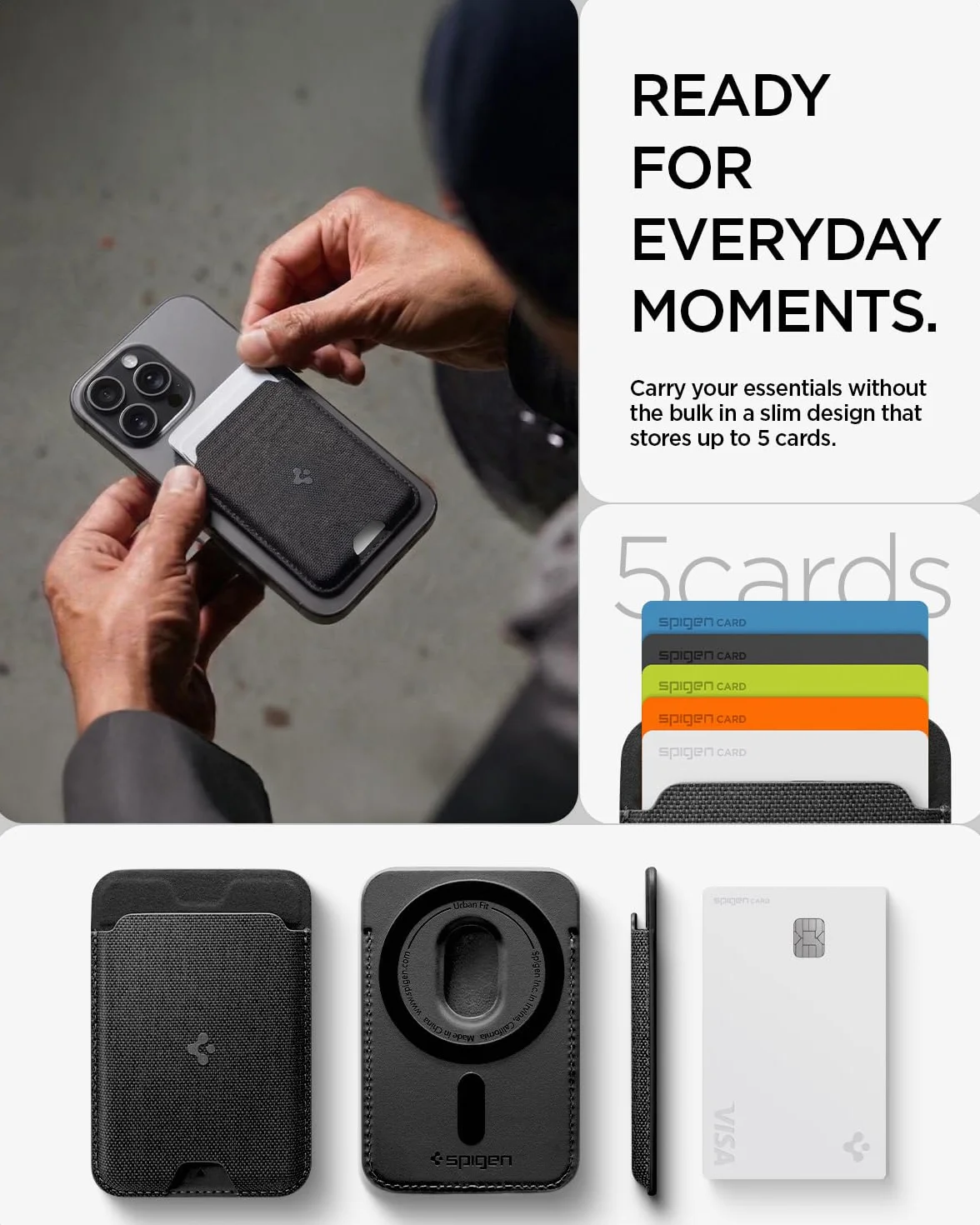 Spigen Urban Fit MagFit Portafoglio (5 carte) Magsafe Wallet Magnetico Portacarte Compatibile con iPhone 17/16/15/14/13/12 Modelle, Accessori MagSafe - Nero
