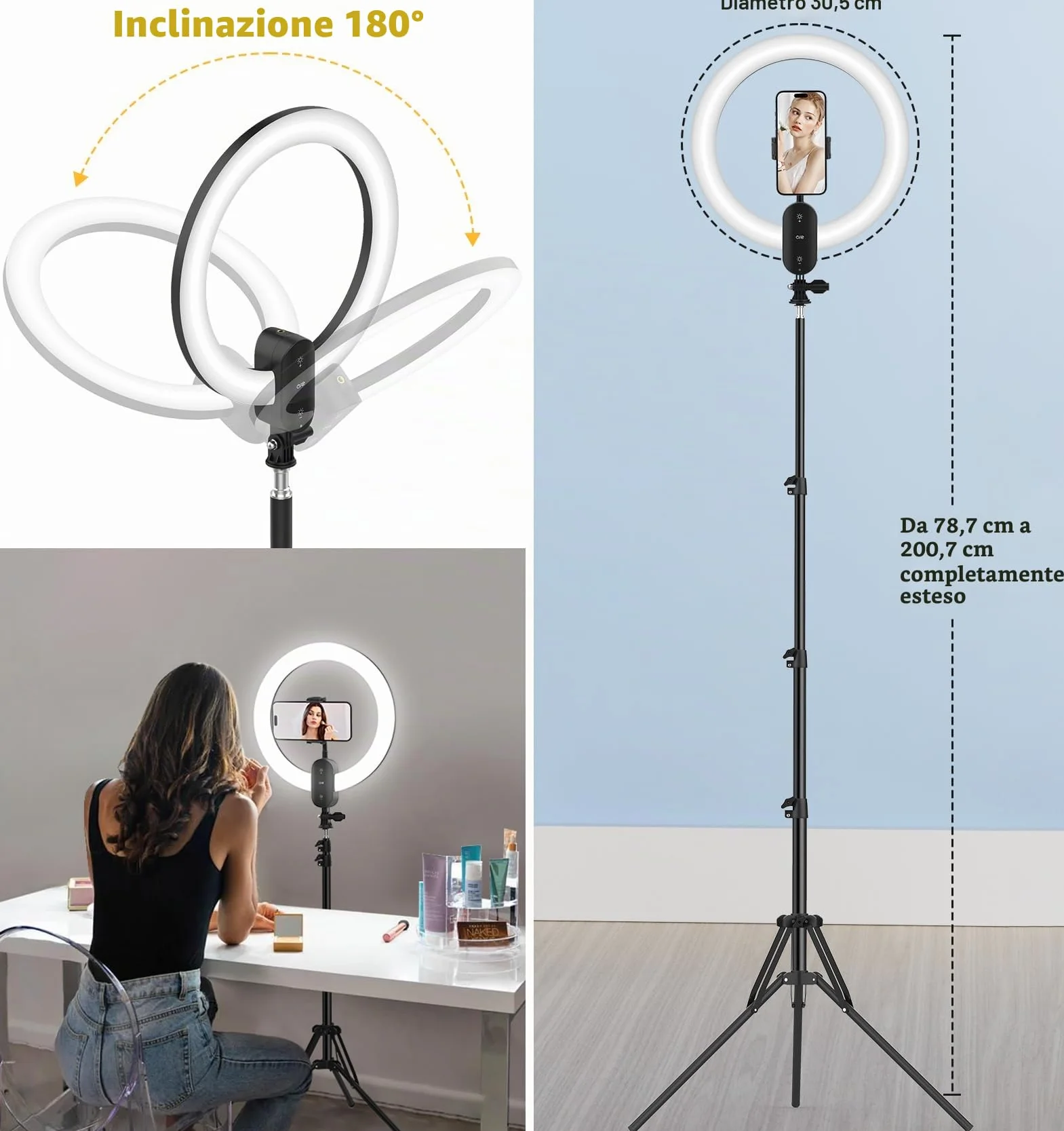 Unicucp 12'' Luce ad Anello LED con 160cm Treppiede Alto, Luce per Selfie con Potenza 2800mAh Ricaricabile, Ring Light con Porta Cellulare per TikTok, Trucco, Fotografia, Youtube e Video Selfie