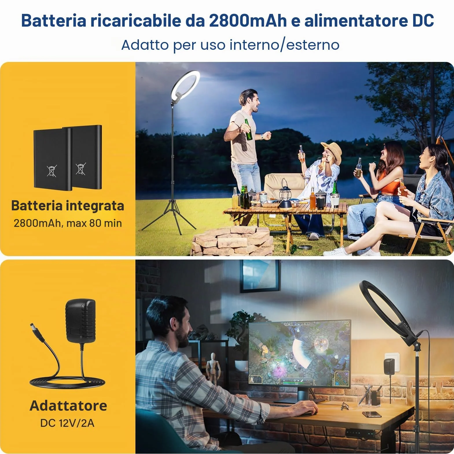 Unicucp 12'' Luce ad Anello LED con 160cm Treppiede Alto, Luce per Selfie con Potenza 2800mAh Ricaricabile, Ring Light con Porta Cellulare per TikTok, Trucco, Fotografia, Youtube e Video Selfie