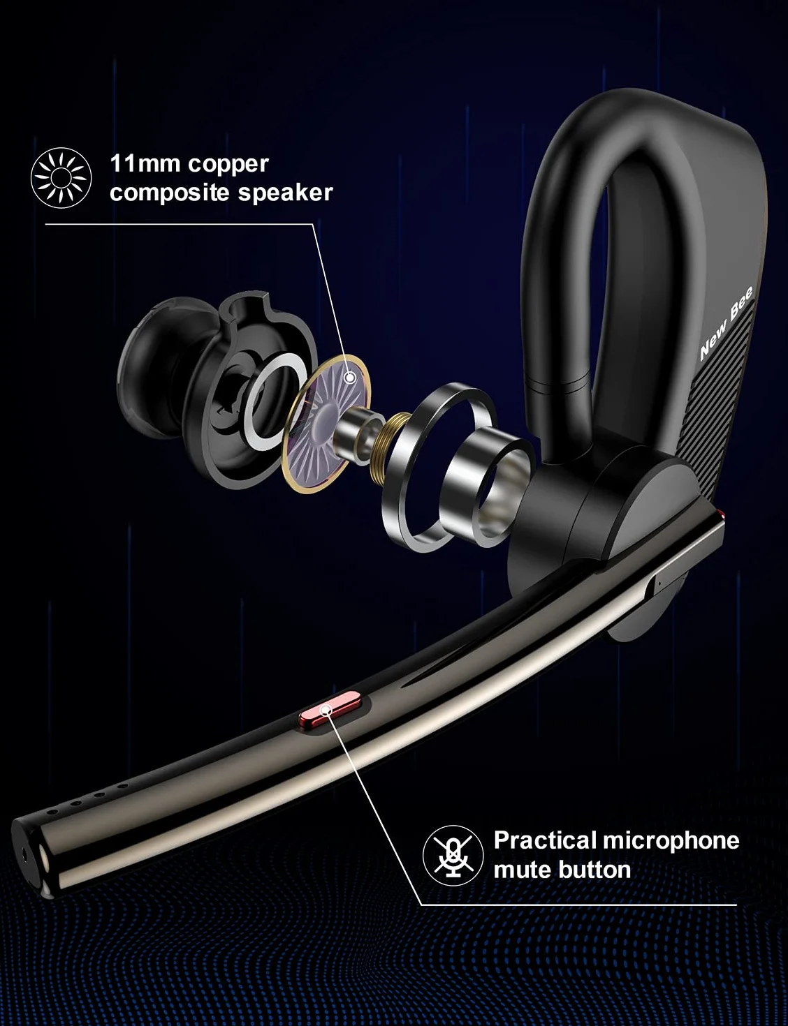 New Bee Nuovo auricolare Bluetooth ape Vivavoce Bluetooth V5.2 Orecchio singolo Auricolare leggero con 24h di conversazione per iPhone, Android e Laptop