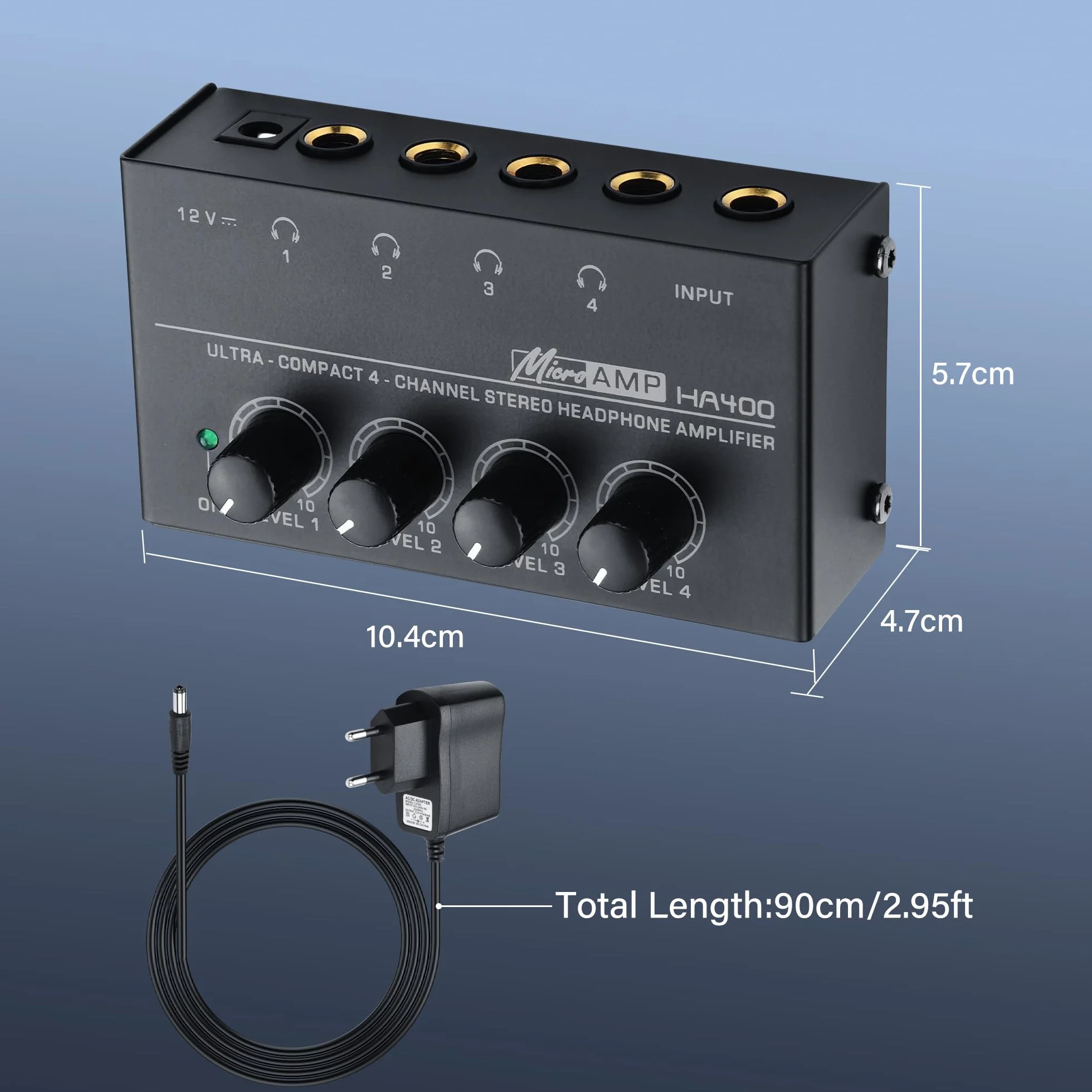 SinLoon HA400 Amplificatore per Cuffie Stereo a 4 canali, Mini Splitter Audio in Metallo con Controllo del Volume Indipendente, Uscita e Ingresso TRS da 1/4", con Adattatore 12V per Studio,