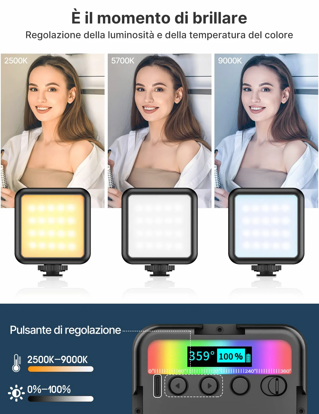 Luce Video RGB Led, ULANZI VL49 Faretto Led Dimmerabile 2500K-9500K Temperatura di Colore con Batteria Integrata, Luci Video illuminazione Pannello con LCD Display per Fotocamera Fotografia